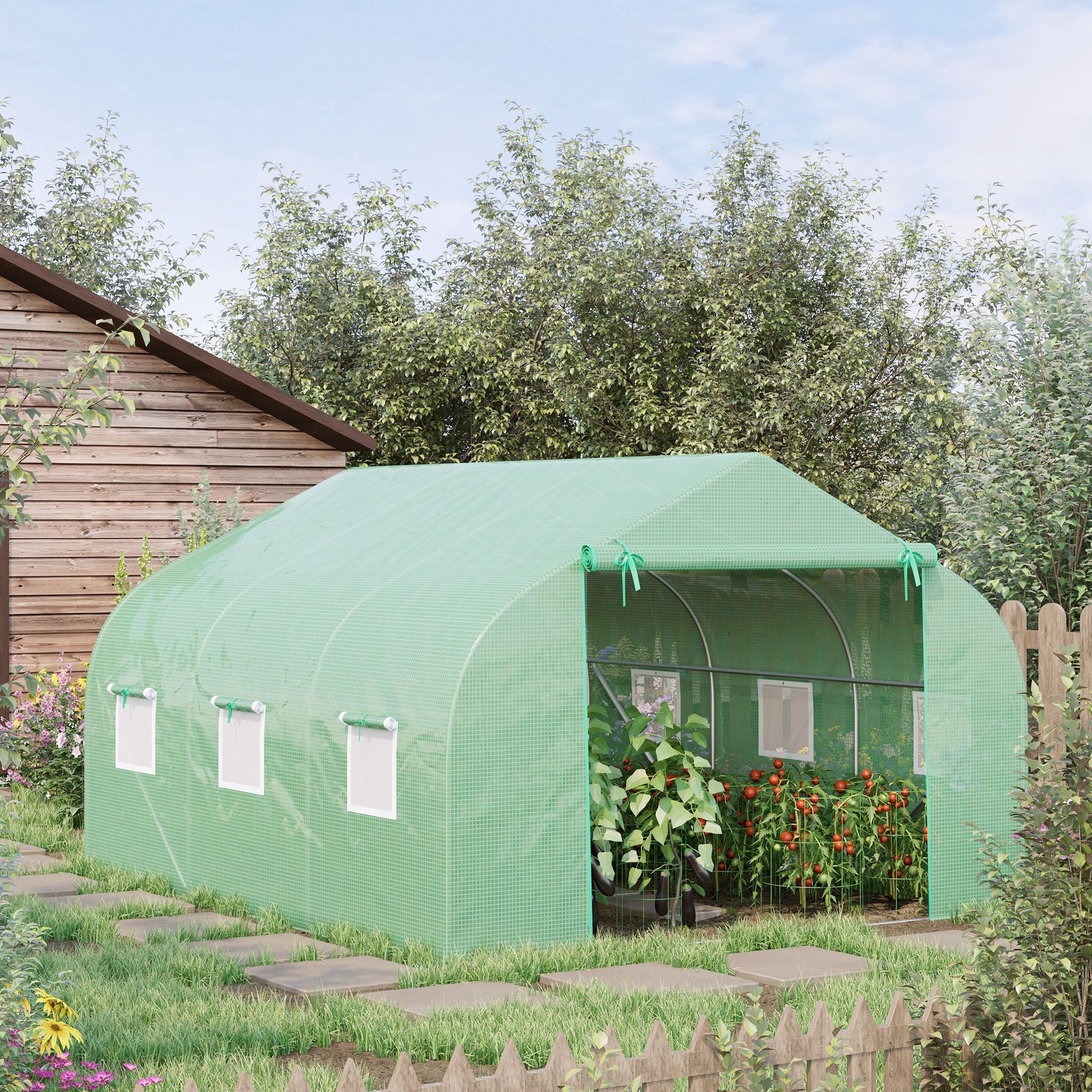 Garden Tunnel Greenhouse Ground Area 10.5 m² 3.5 x 3 x 2 m Reinforced Tubular Frame Zippered Door 6 Roll-up Windows Green