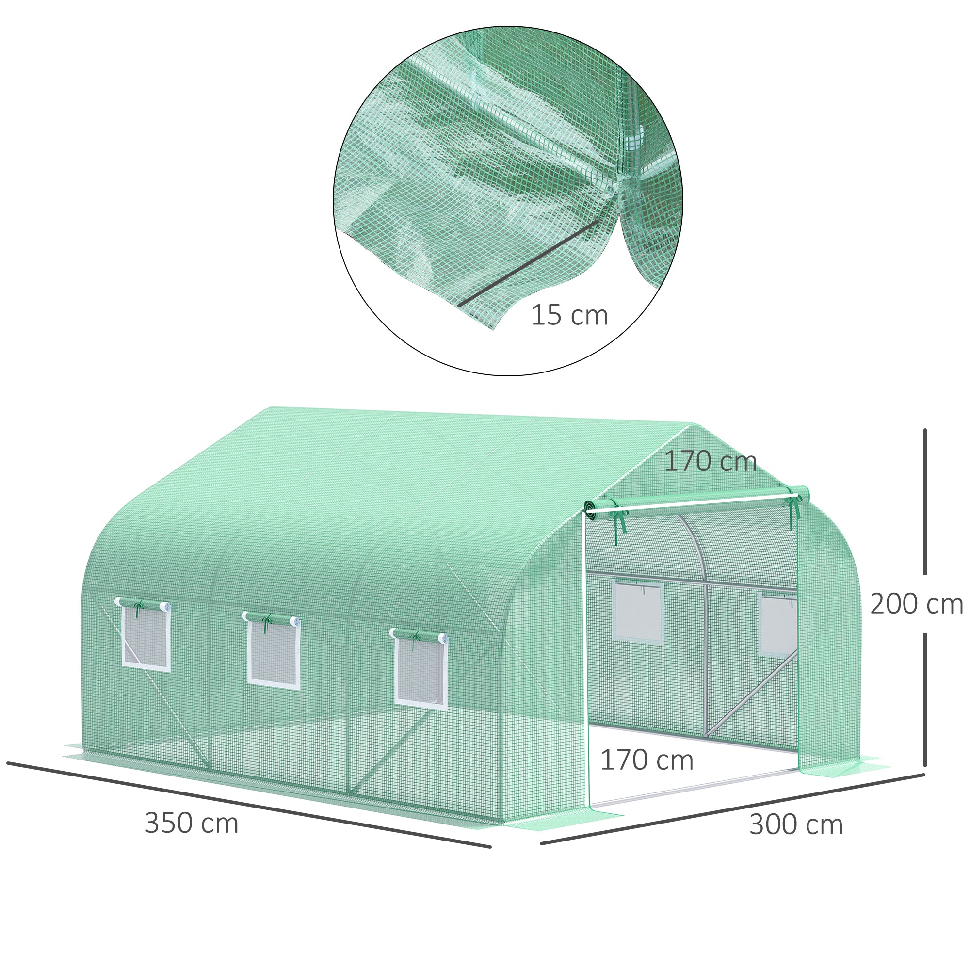Garden Tunnel Greenhouse Ground Area 10.5 m² 3.5 x 3 x 2 m Reinforced Tubular Frame Zippered Door 6 Roll-up Windows Green