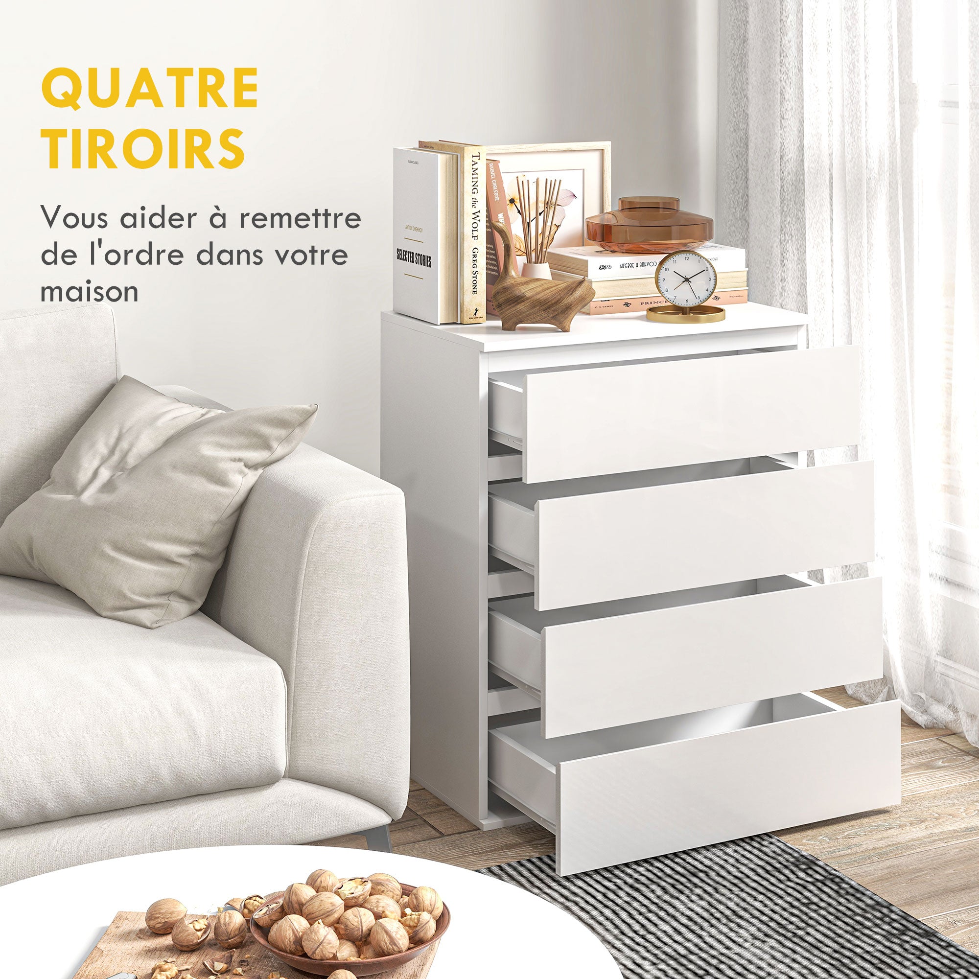 4-Drawer Dresser Bedroom Storage Cabinet Modern Style with Soft-Close Mechanism for Bedroom, Living Room - 60 x 40 x 80 cm, White