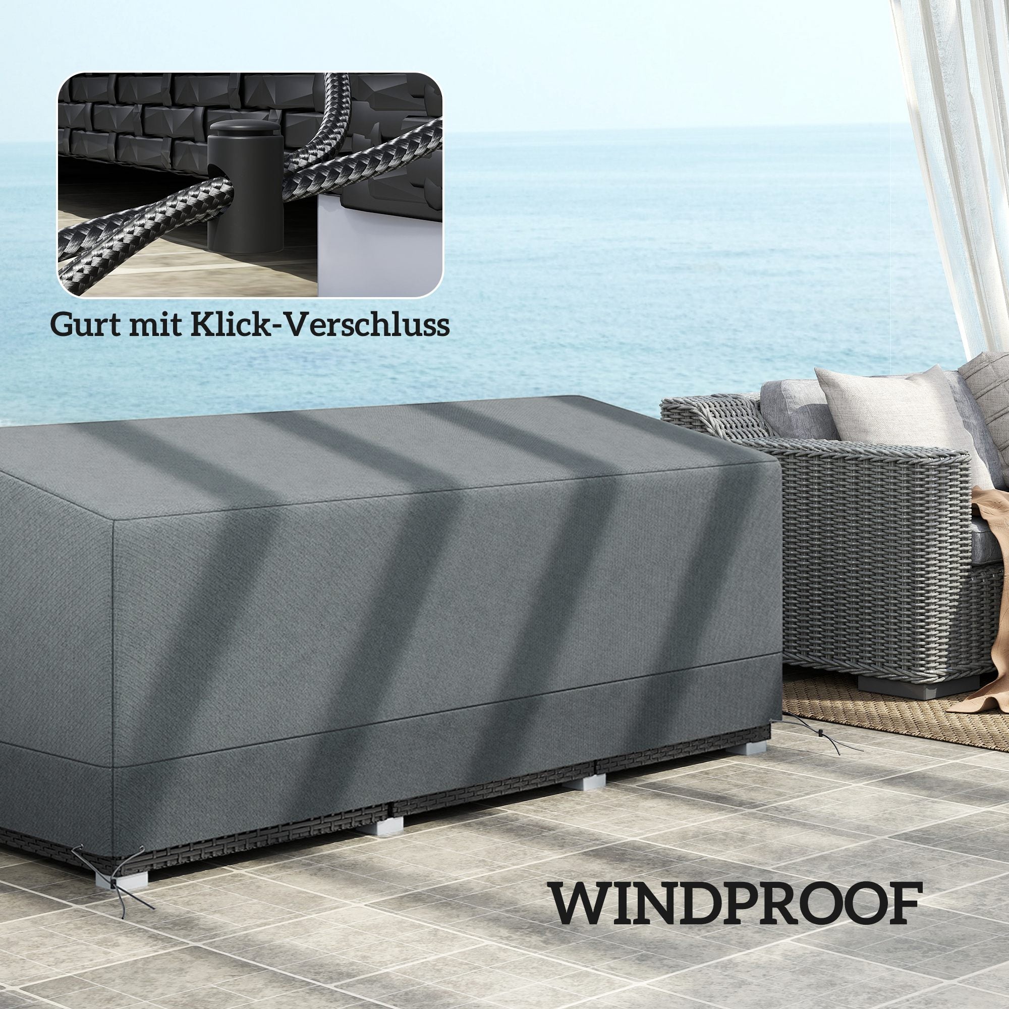 Waterproof Winter Patio Furniture Cover — Windproof, UV-Resistant 600D Oxford Tarp for Terrace Furniture, 75 x 28.3 x 24.8–29.9 in, Light Gray