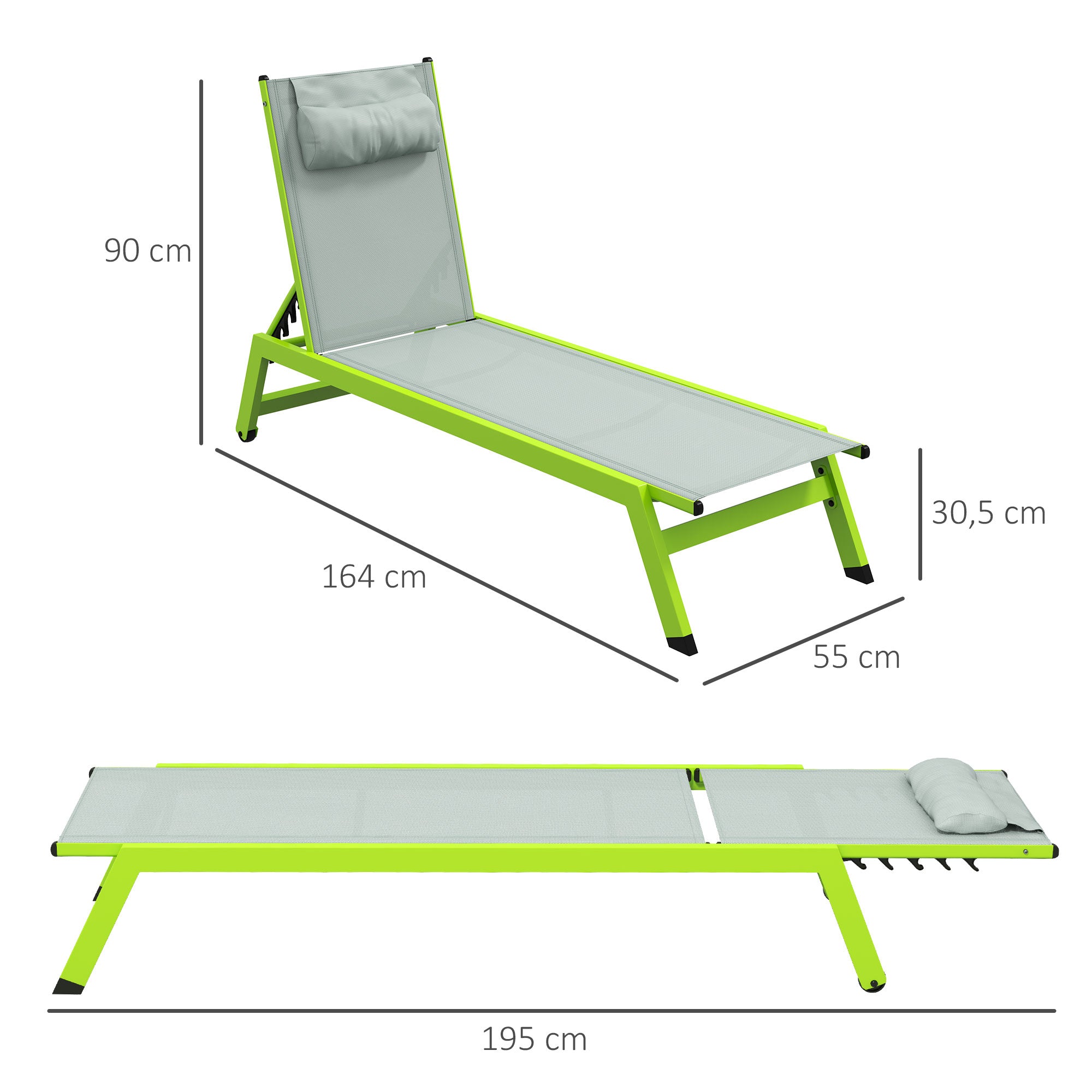 Green Aluminum and Textilene Sun Lounger with Wheels, Adjustable Multi-Position Reclining Backrest and Headrest