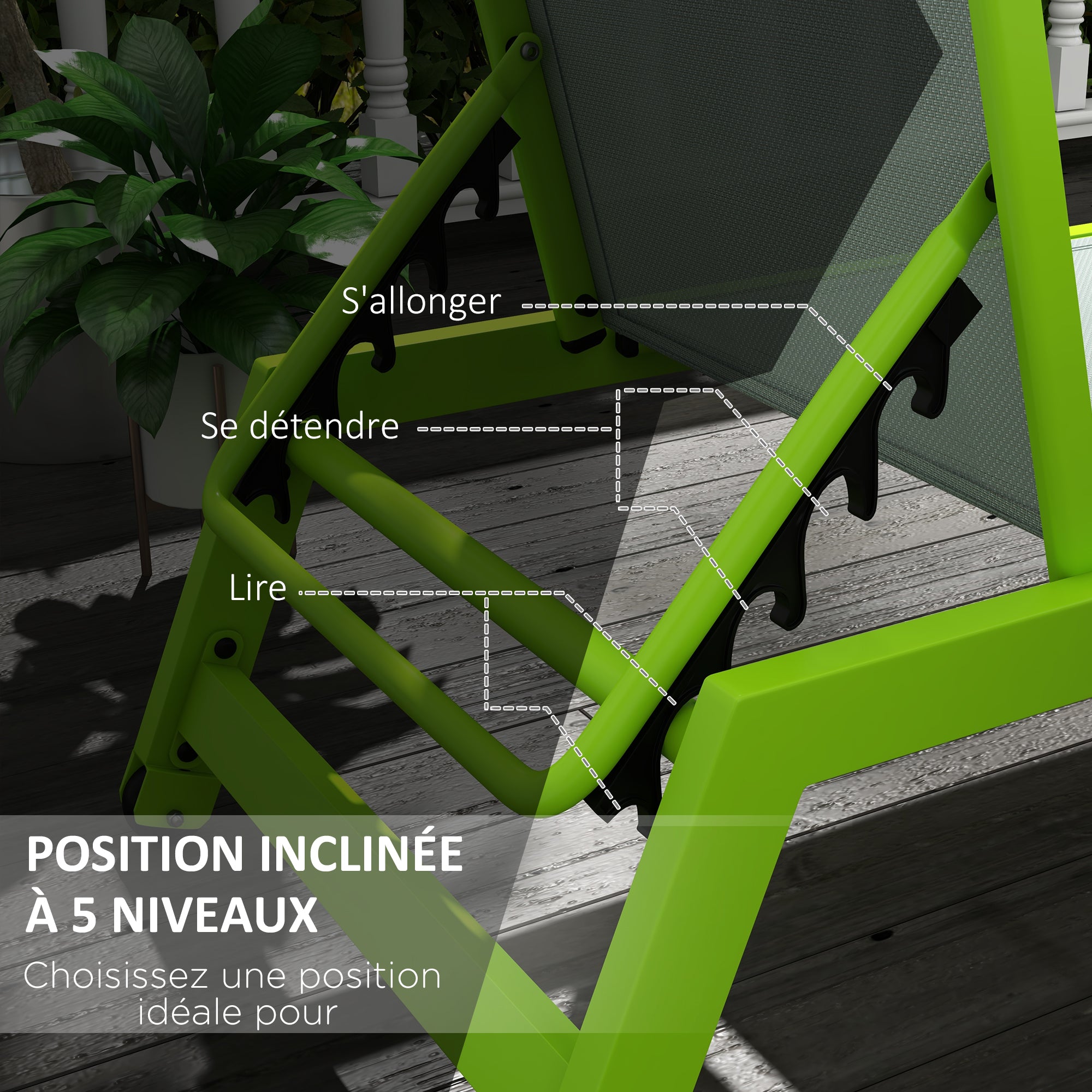 Green Aluminum and Textilene Sun Lounger with Wheels, Adjustable Multi-Position Reclining Backrest and Headrest