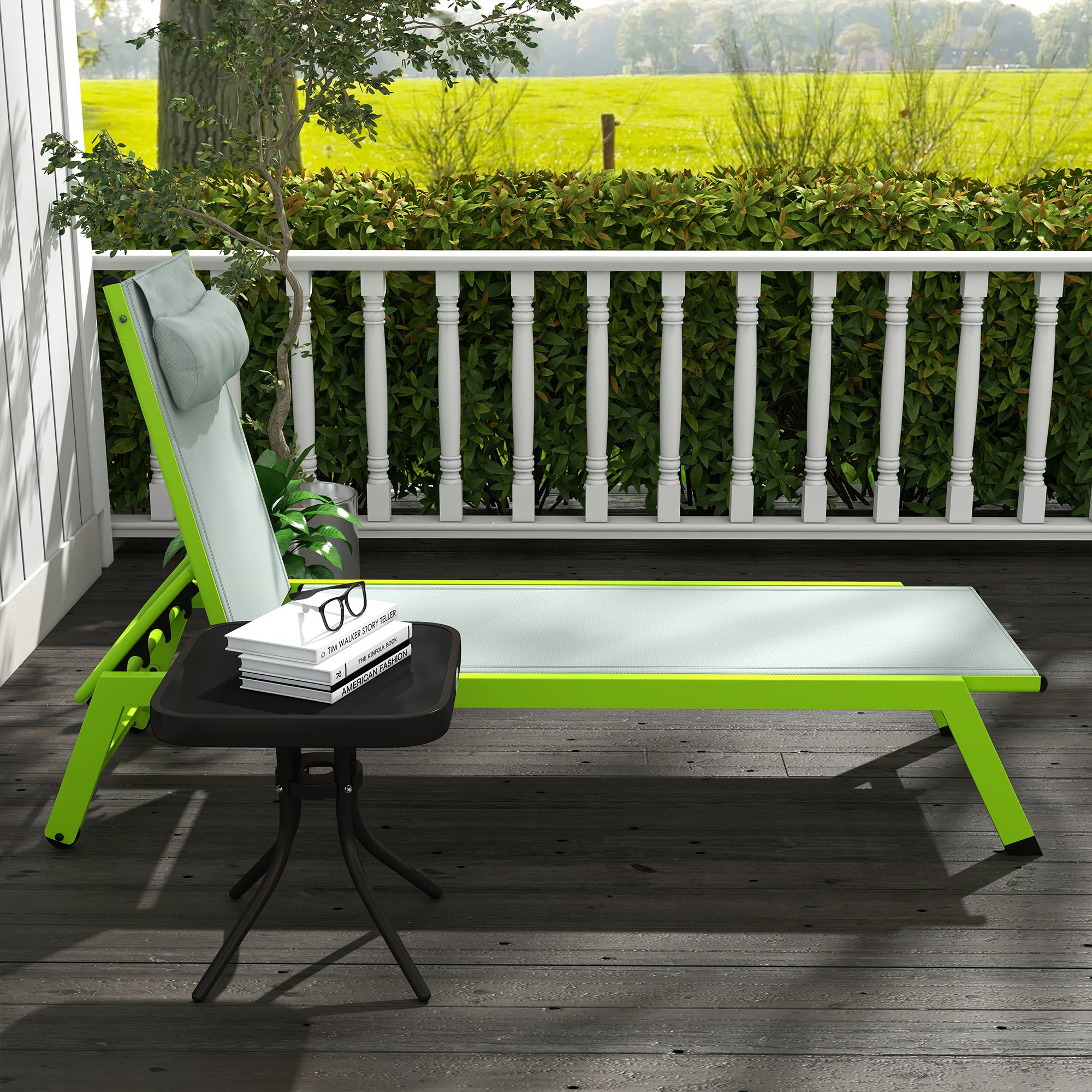 Green Aluminum and Textilene Sun Lounger with Wheels, Adjustable Multi-Position Reclining Backrest and Headrest