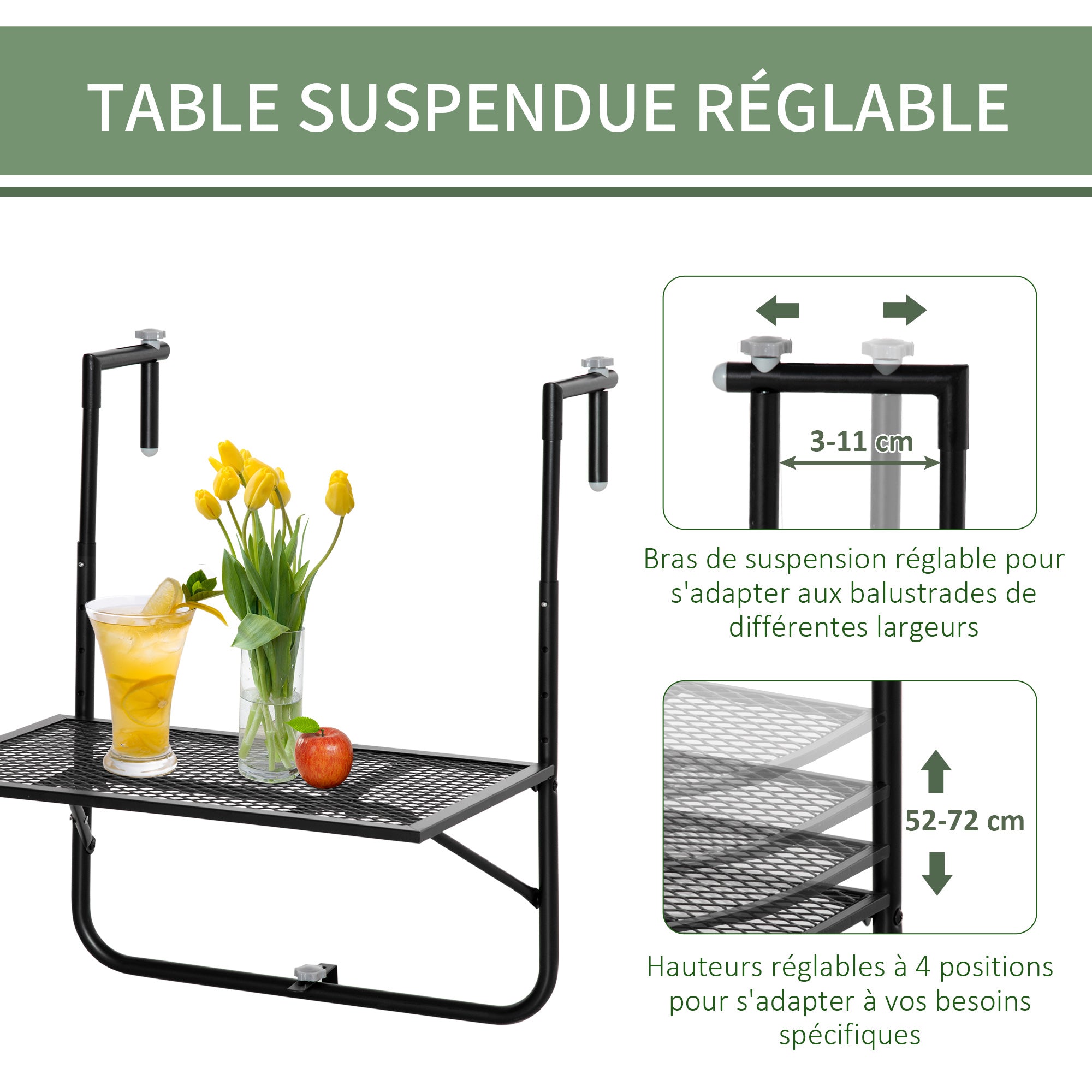Foldable Metal Hanging Balcony Table with Adjustable Height 60L x 60W x 57-72H cm - Black