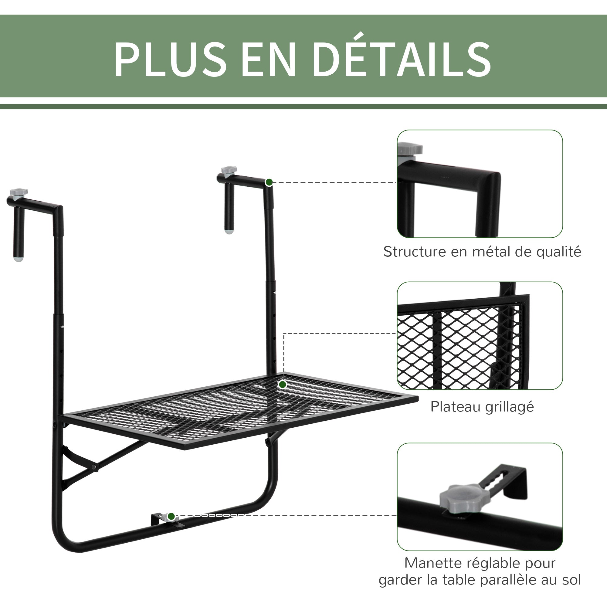 Foldable Metal Hanging Balcony Table with Adjustable Height 60L x 60W x 57-72H cm - Black