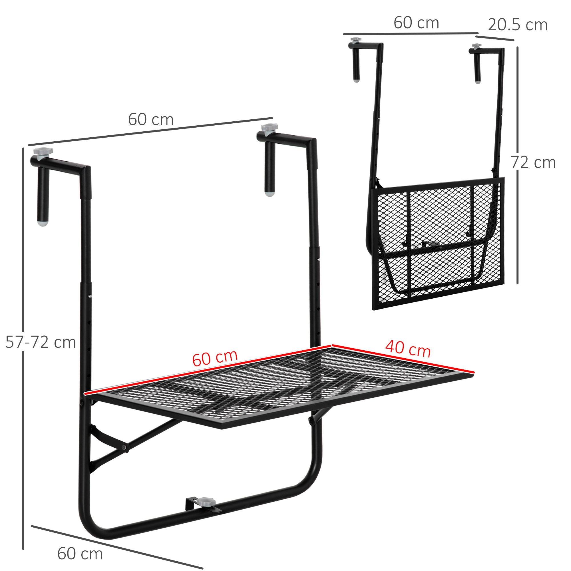 Foldable Metal Hanging Balcony Table with Adjustable Height 60L x 60W x 57-72H cm - Black