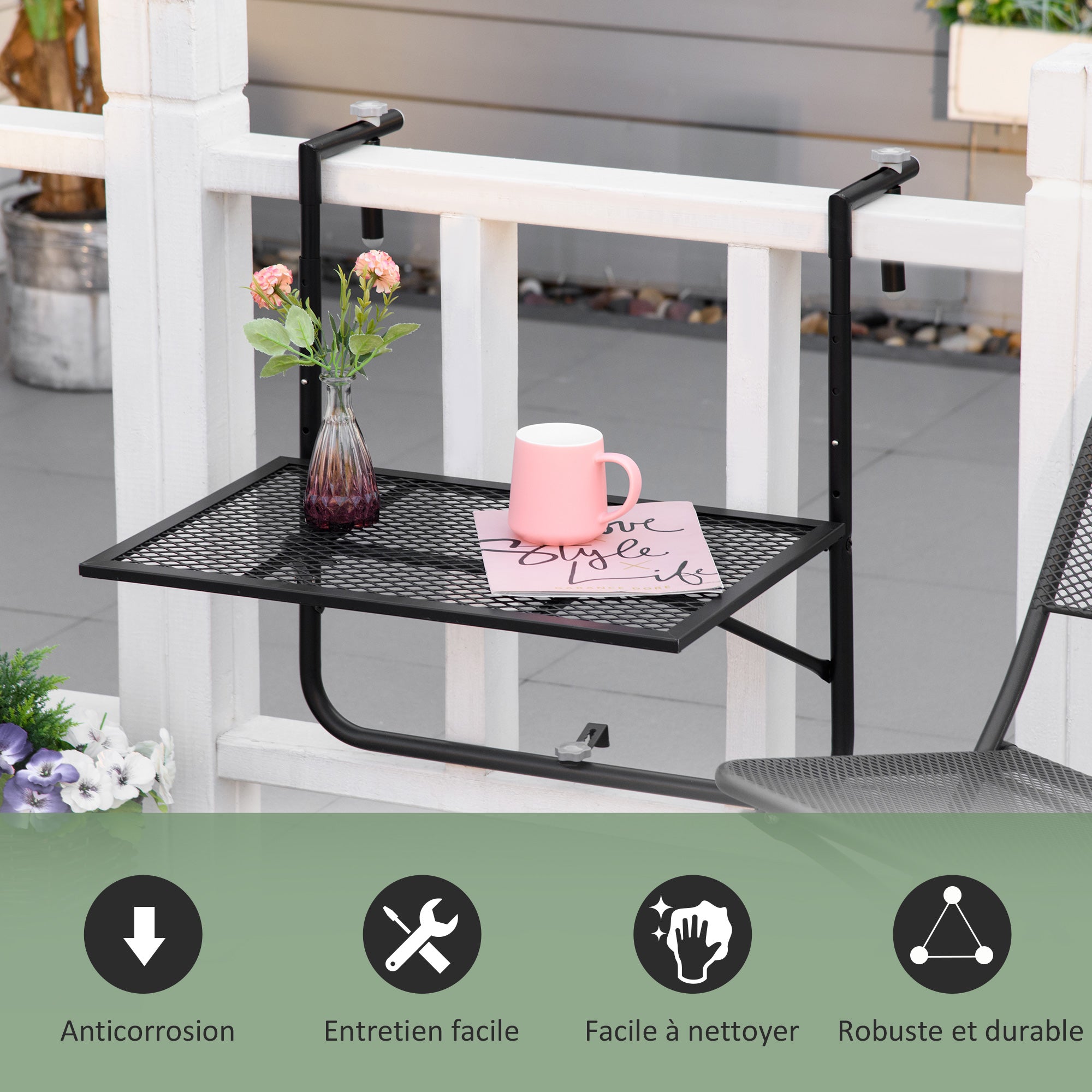 Foldable Metal Hanging Balcony Table with Adjustable Height 60L x 60W x 57-72H cm - Black