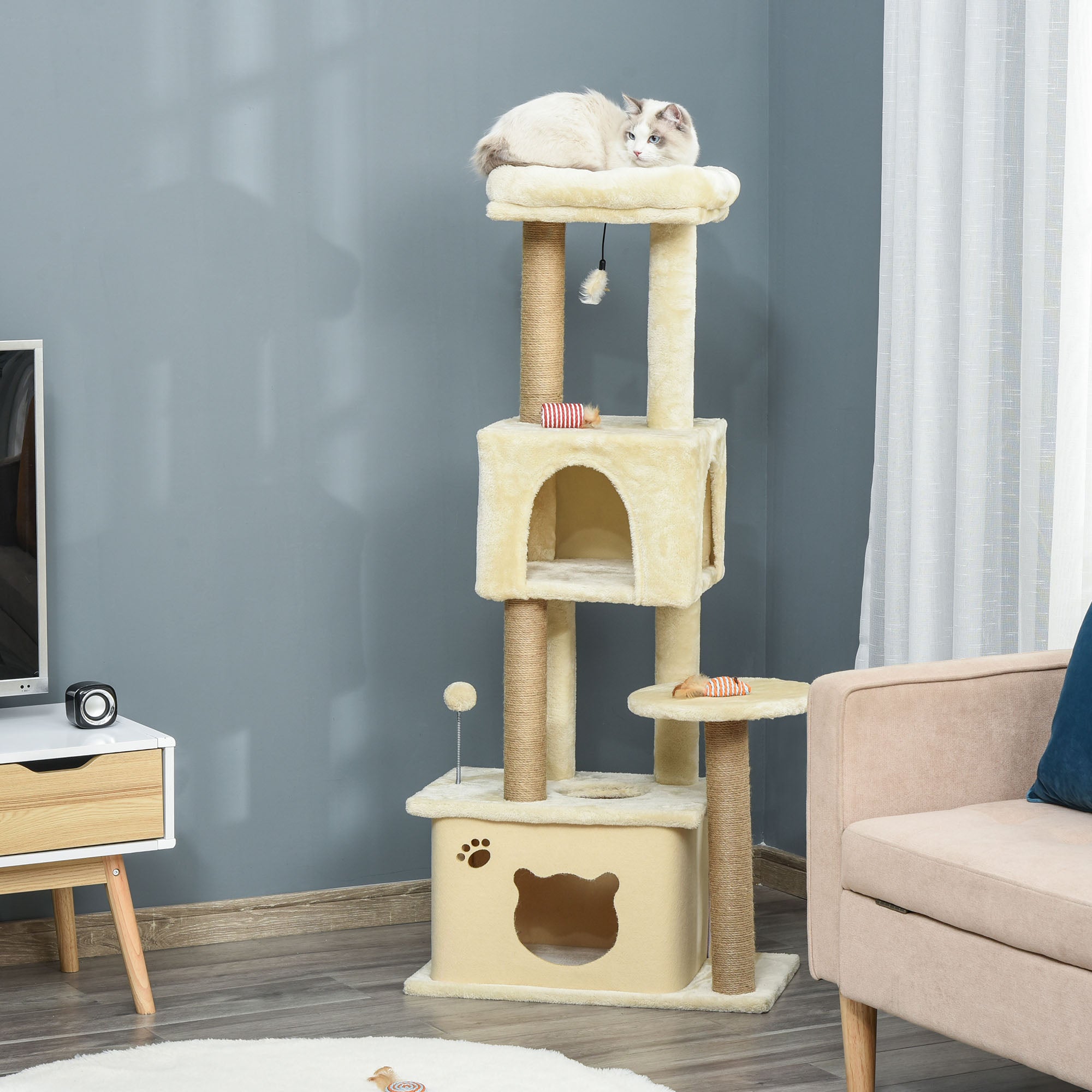 Large Cat Scratching Tree 60x34x136 cm Cat Tree with Platforms Plush Caves Detachable Jute Posts and Hanging Ball Beige