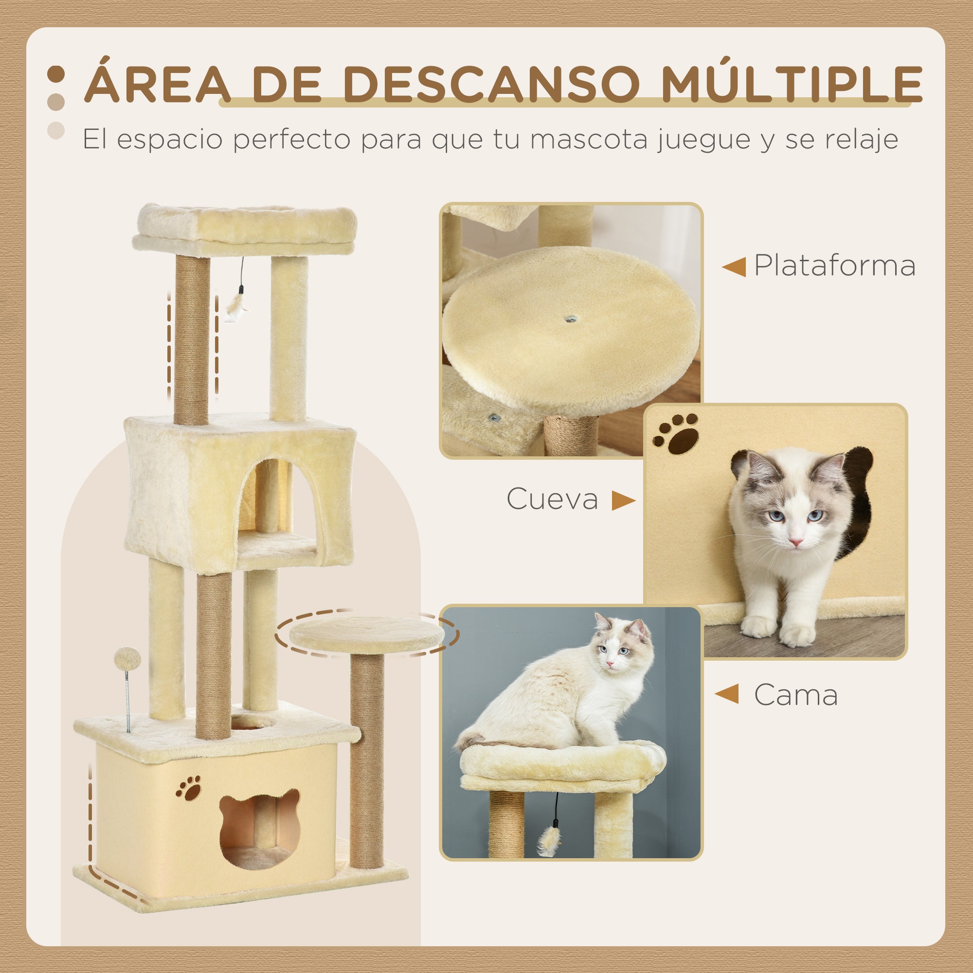 Large Cat Scratching Tree 60x34x136 cm Cat Tree with Platforms Plush Caves Detachable Jute Posts and Hanging Ball Beige