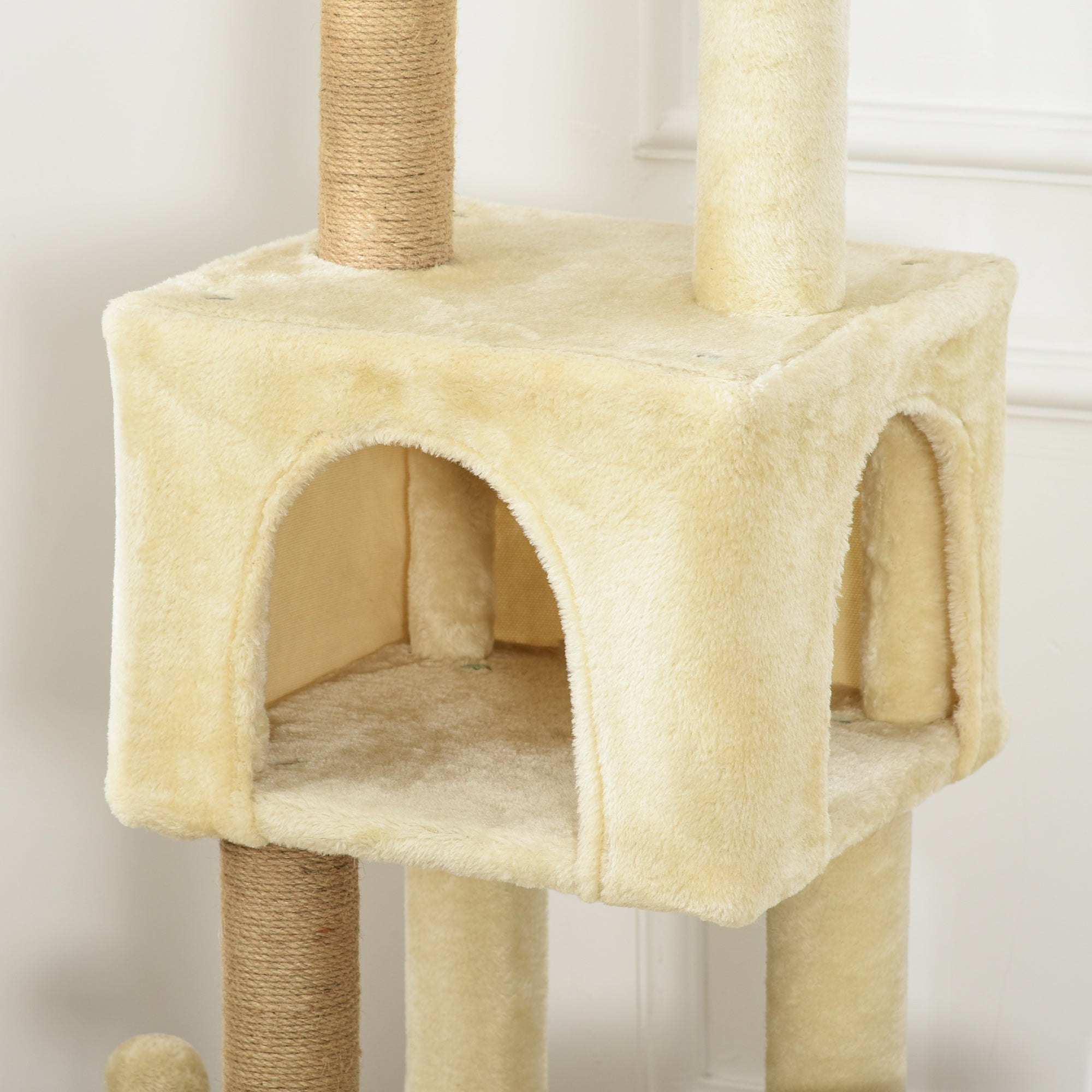 Large Cat Scratching Tree 60x34x136 cm Cat Tree with Platforms Plush Caves Detachable Jute Posts and Hanging Ball Beige