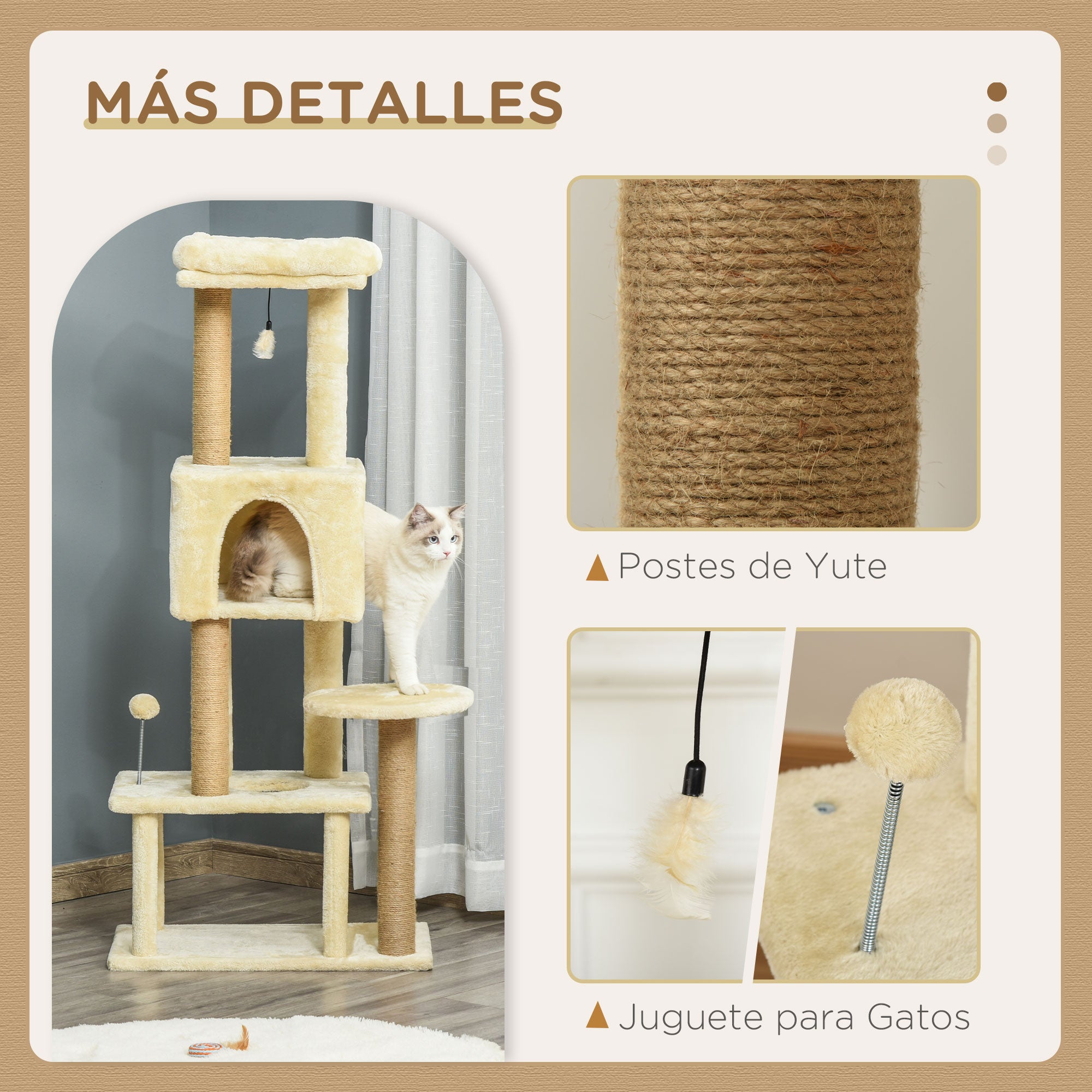 Large Cat Scratching Tree 60x34x136 cm Cat Tree with Platforms Plush Caves Detachable Jute Posts and Hanging Ball Beige