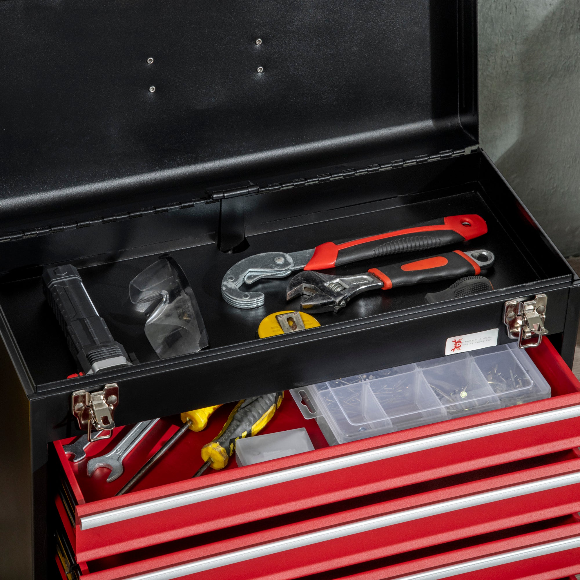 empty tool box, 51 x 22 x 39.5 cm toolbox with 4 drawers, upper storage compartment, handle, toolbox with 2 locks, made of steel, Black+Red