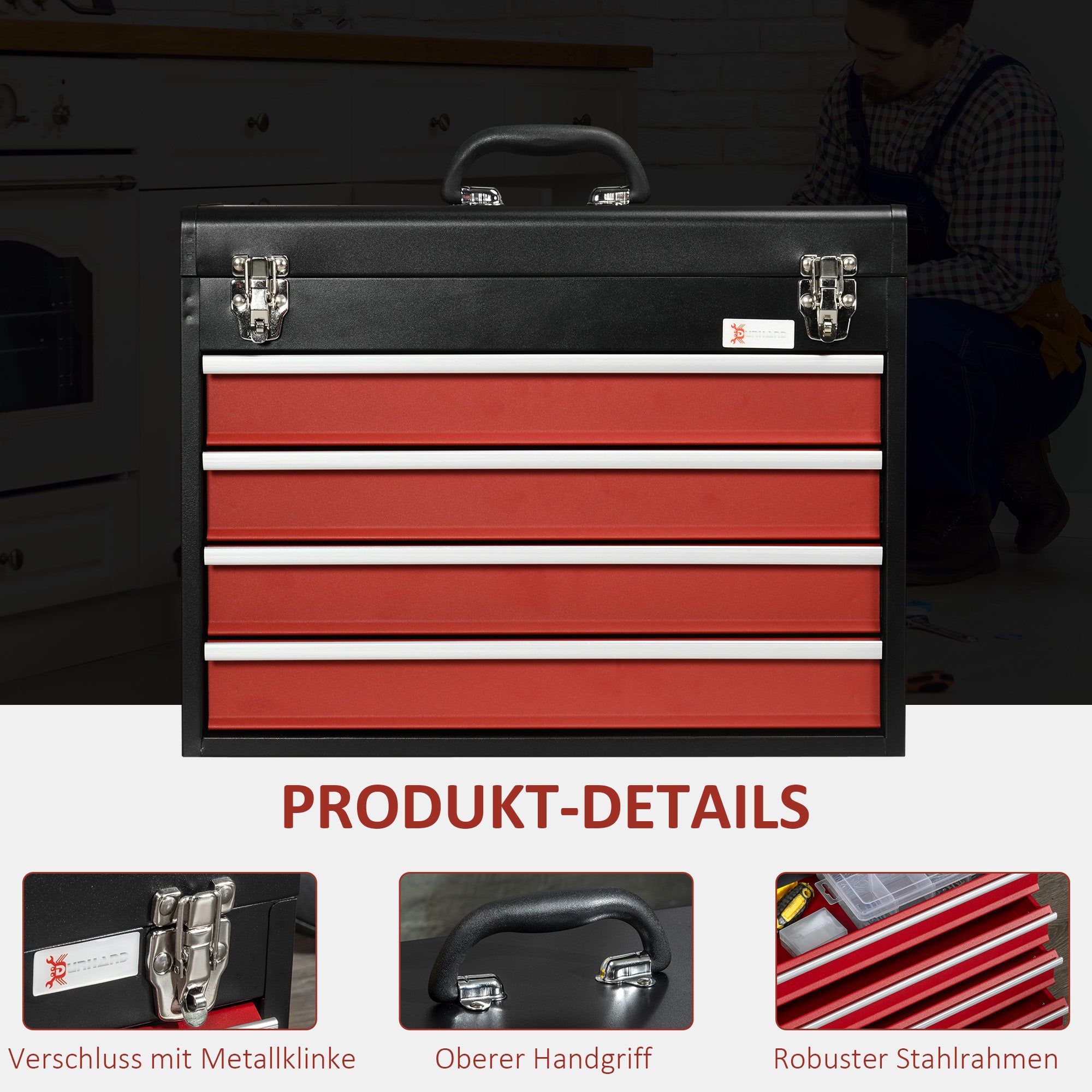 empty tool box, 51 x 22 x 39.5 cm toolbox with 4 drawers, upper storage compartment, handle, toolbox with 2 locks, made of steel, Black+Red
