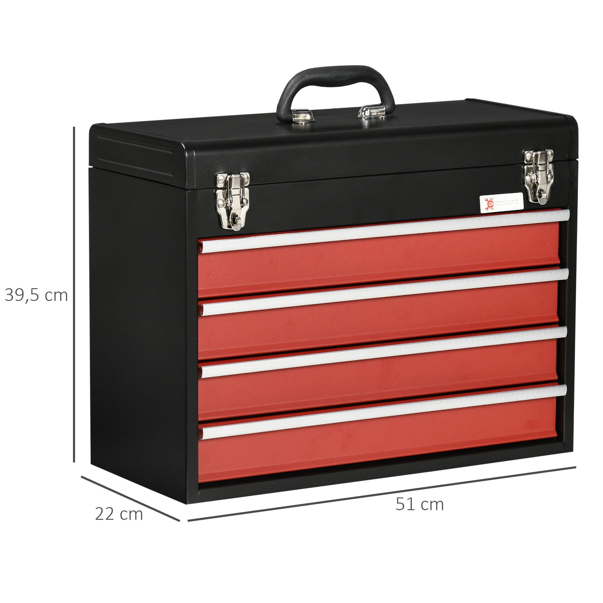 empty tool box, 51 x 22 x 39.5 cm toolbox with 4 drawers, upper storage compartment, handle, toolbox with 2 locks, made of steel, Black+Red
