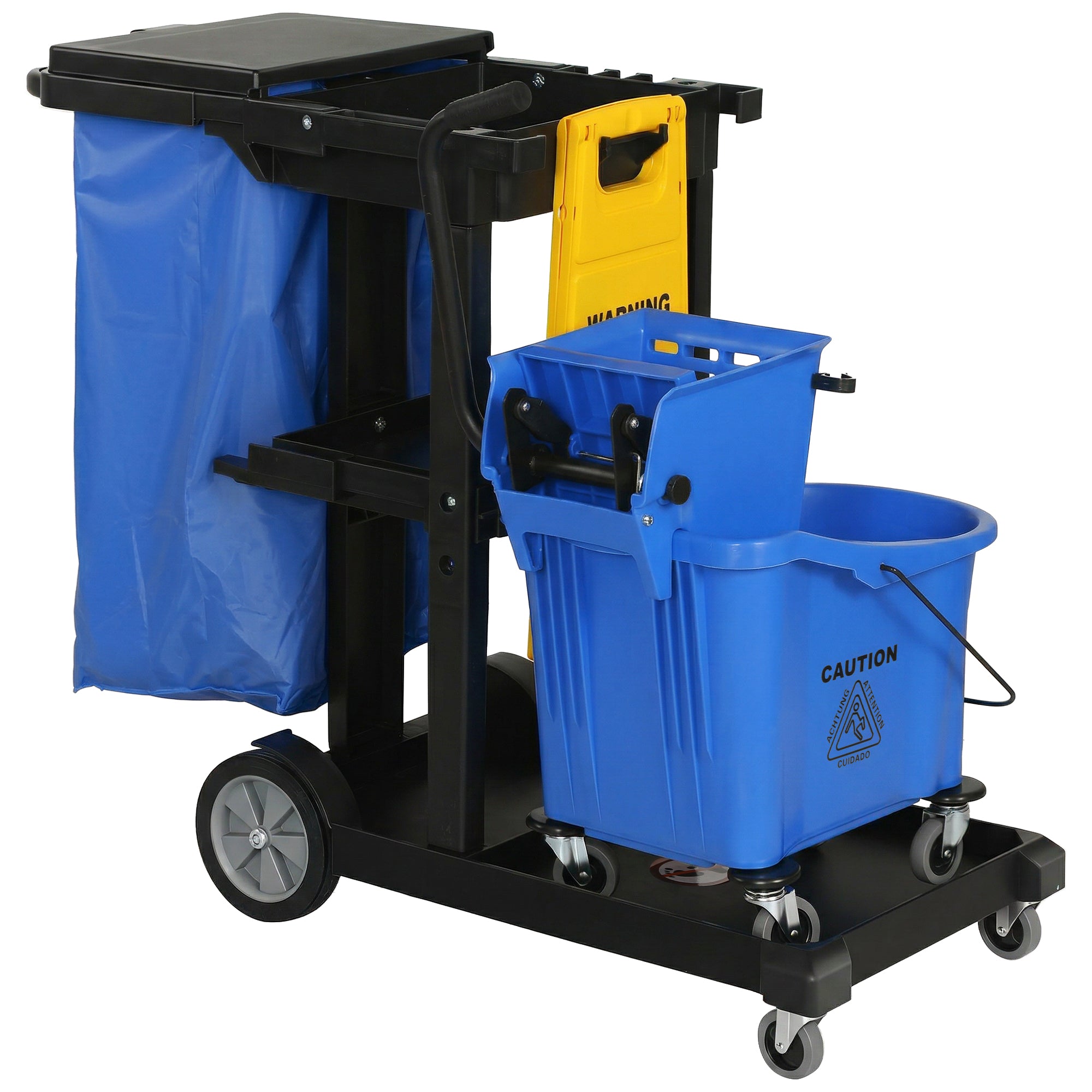 Janitorial Cart Cleaning Trolley with 3 Tiers, 70 L Trash Bag with Lid, Casters, Wringer Mop Bucket, Tool Holders & Wet Floor Sign for Hotels, Malls, Offices — 122 x 46.5 x 101 cm (48 x 18.3 x 39.8 in)