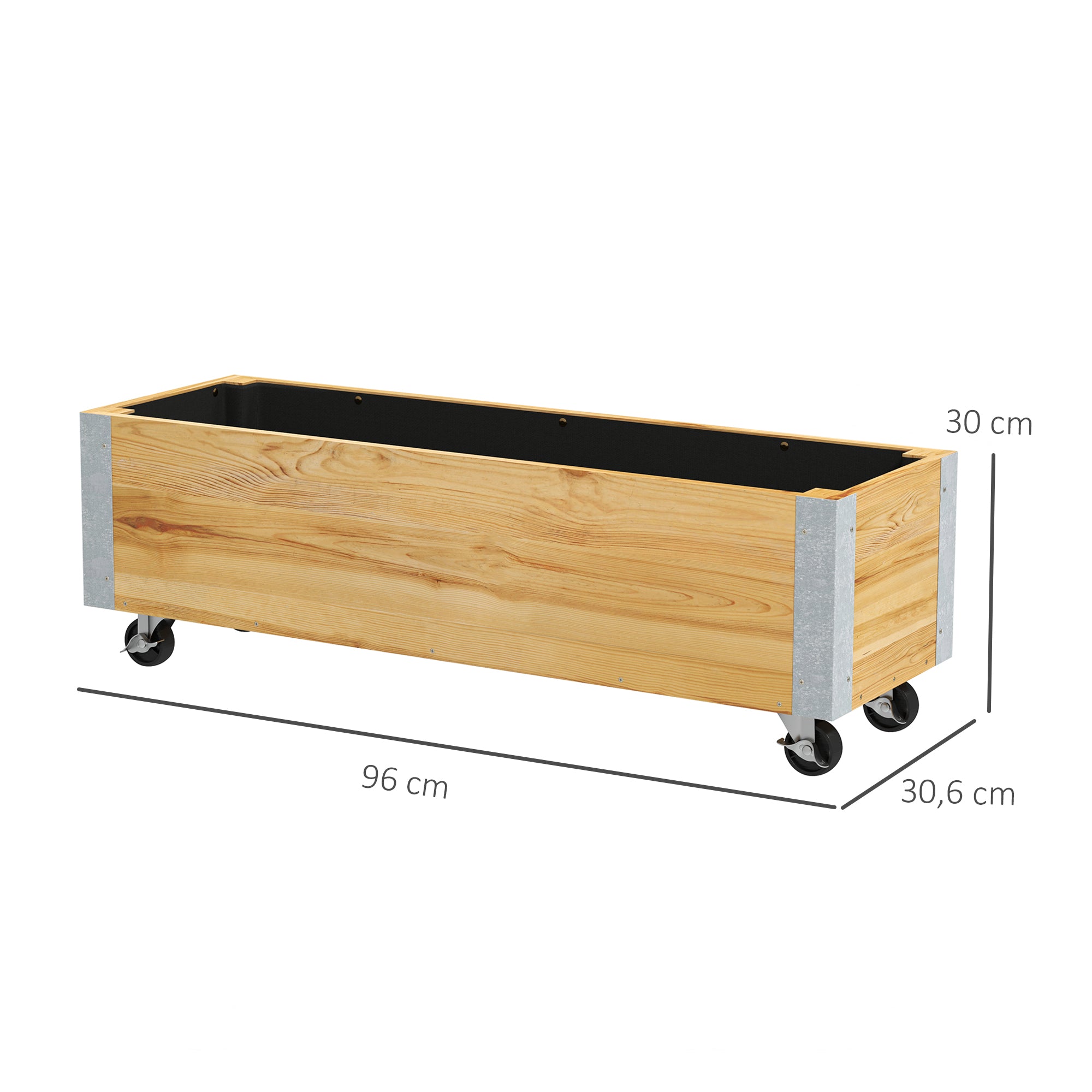 Rectangular Planter on Wheels - Irrigation Inserts, Drainage Felt Included - Solid Wood, Natural Wood Metal