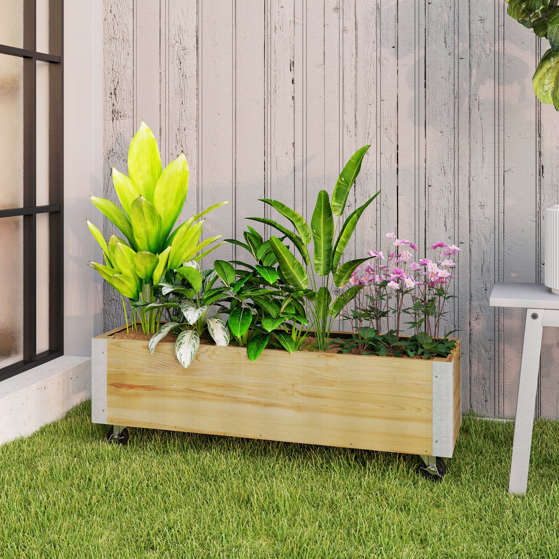 Rectangular Planter on Wheels - Irrigation Inserts, Drainage Felt Included - Solid Wood, Natural Wood Metal