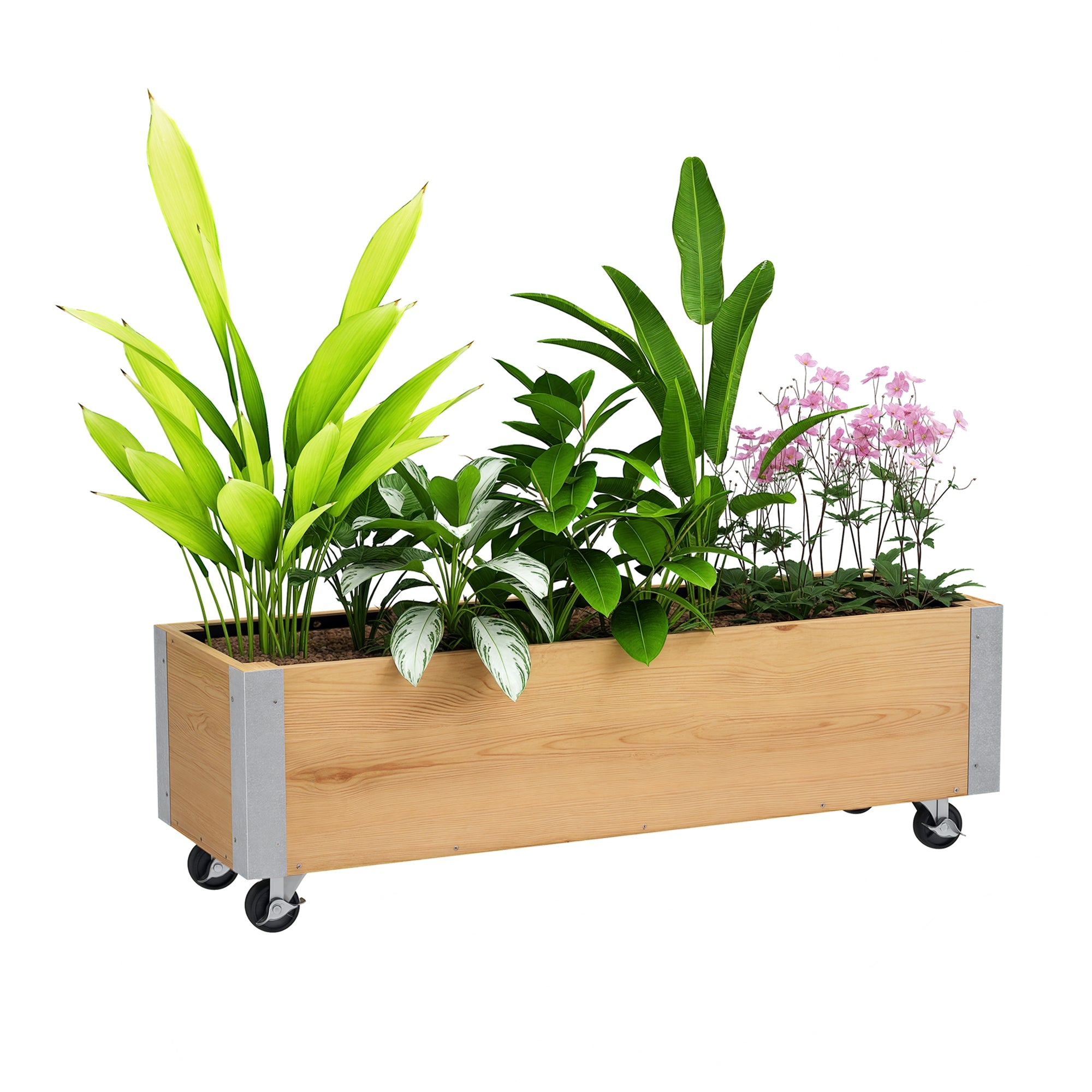Rectangular Planter on Wheels - Irrigation Inserts, Drainage Felt Included - Solid Wood, Natural Wood Metal