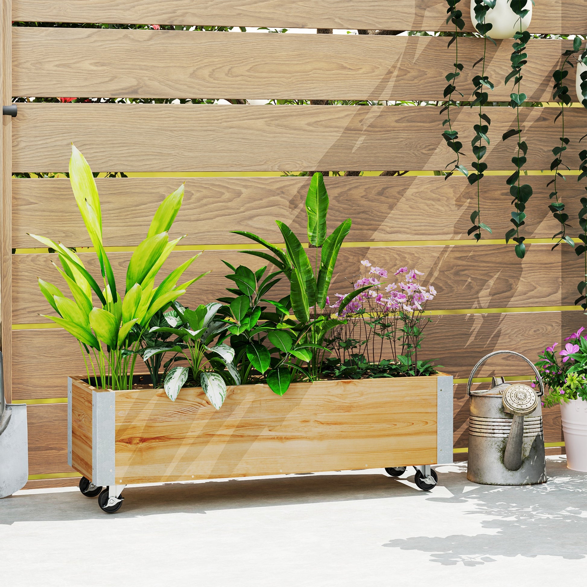 Rectangular Planter on Wheels - Irrigation Inserts, Drainage Felt Included - Solid Wood, Natural Wood Metal