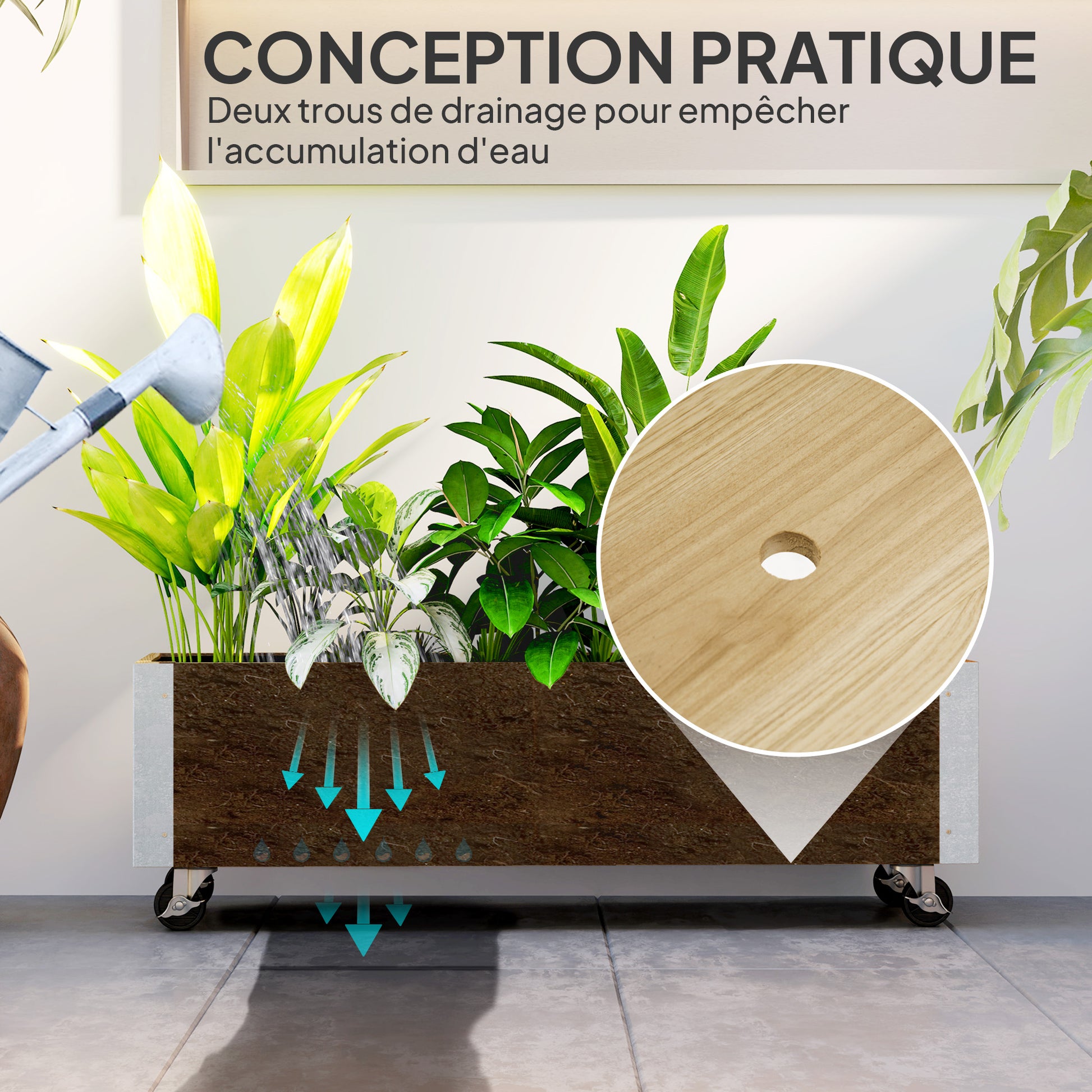 Rectangular Planter on Wheels - Irrigation Inserts, Drainage Felt Included - Solid Wood, Natural Wood Metal