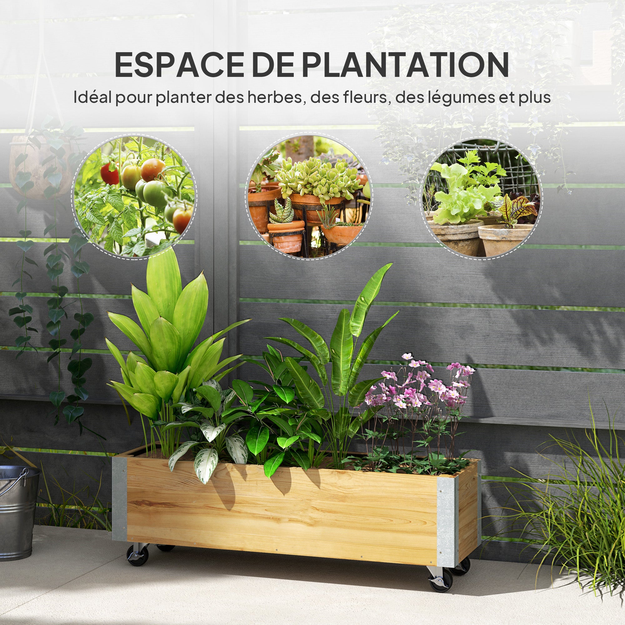 Rectangular Planter on Wheels - Irrigation Inserts, Drainage Felt Included - Solid Wood, Natural Wood Metal