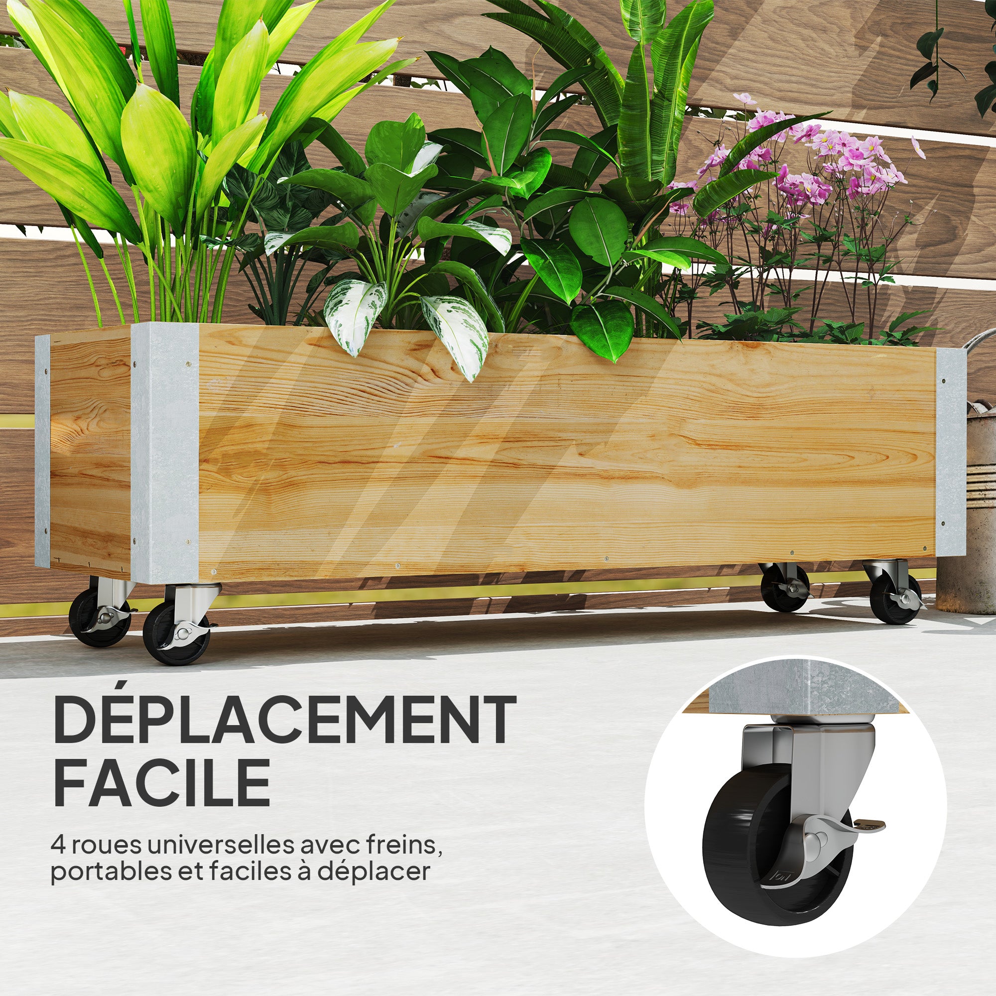 Rectangular Planter on Wheels - Irrigation Inserts, Drainage Felt Included - Solid Wood, Natural Wood Metal