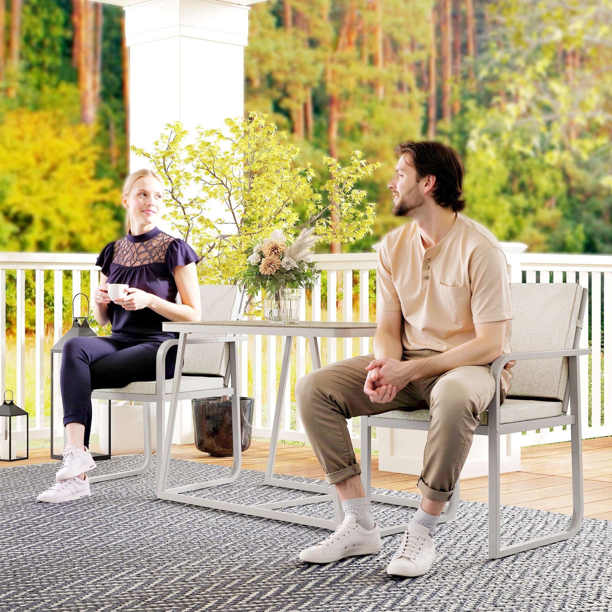 3-Piece Seating Group Dining Set for 2 People Dining Table with 4 Chairs Seat Cushions Dining Room Set with Glass Table Kitchen Table Set Balcony Furniture Patio Furniture for Terrace, Balcony Dining Room Light Grey