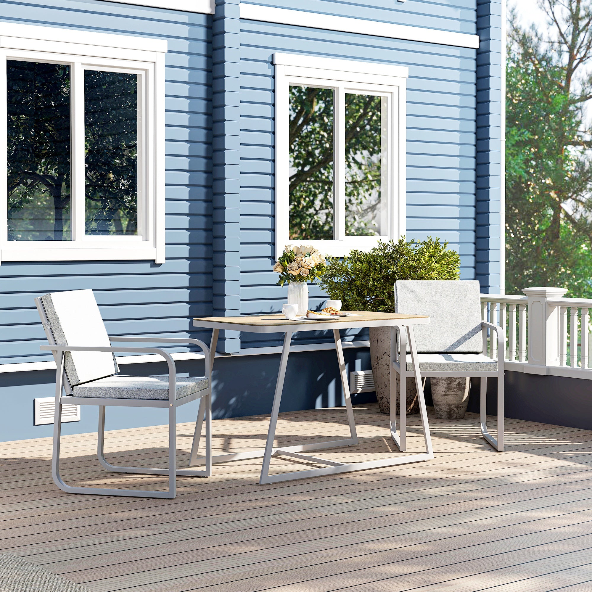 3-Piece Seating Group Dining Set for 2 People Dining Table with 4 Chairs Seat Cushions Dining Room Set with Glass Table Kitchen Table Set Balcony Furniture Patio Furniture for Terrace, Balcony Dining Room Light Grey