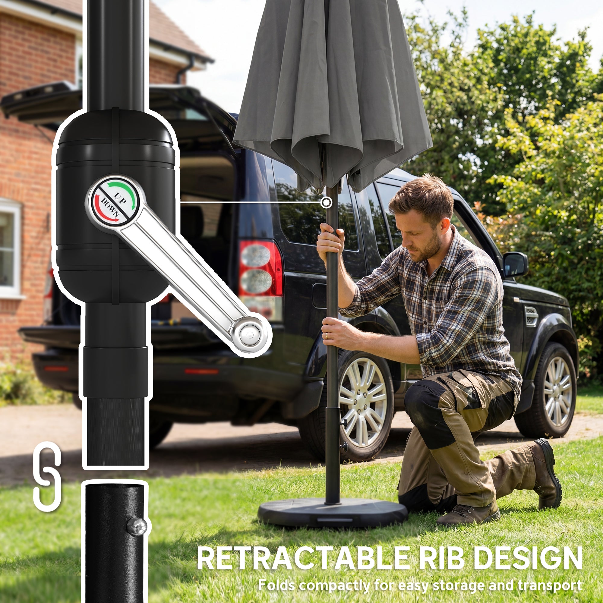 Outdoor Patio Umbrella, 10 ft x 10 ft (3 x 3 m) — Crank, Adjustable Tilt, Retractable Ribs, Metal Base & Sandbag, Dark Gray