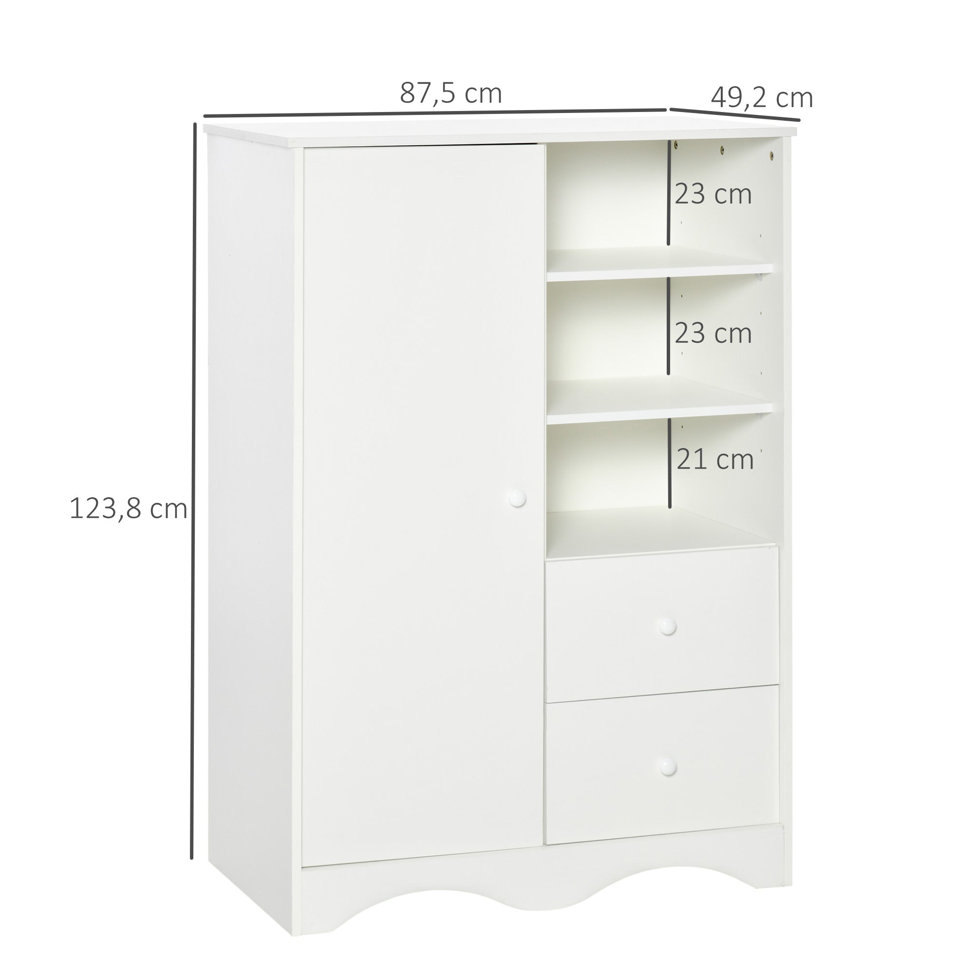 Storage Cabinet with Door and 5 Shelves, 3 Shelves, 2 Drawers, White Storage Furniture for Bedroom, Living Room, Office