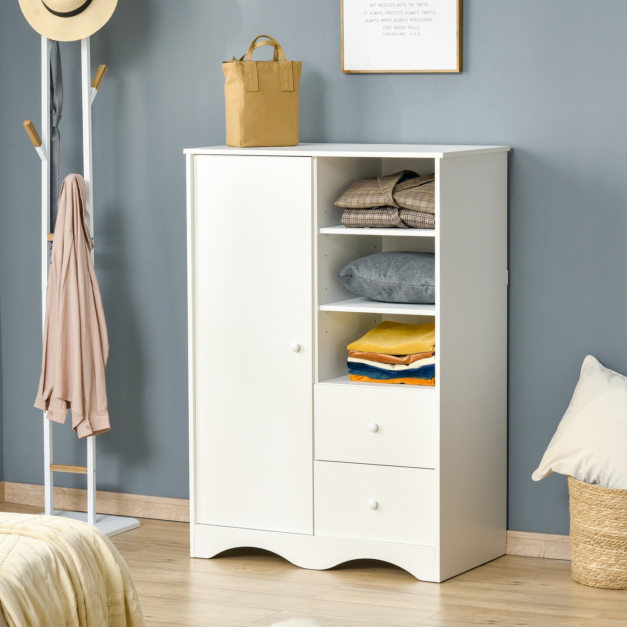 Storage Cabinet with Door and 5 Shelves, 3 Shelves, 2 Drawers, White Storage Furniture for Bedroom, Living Room, Office