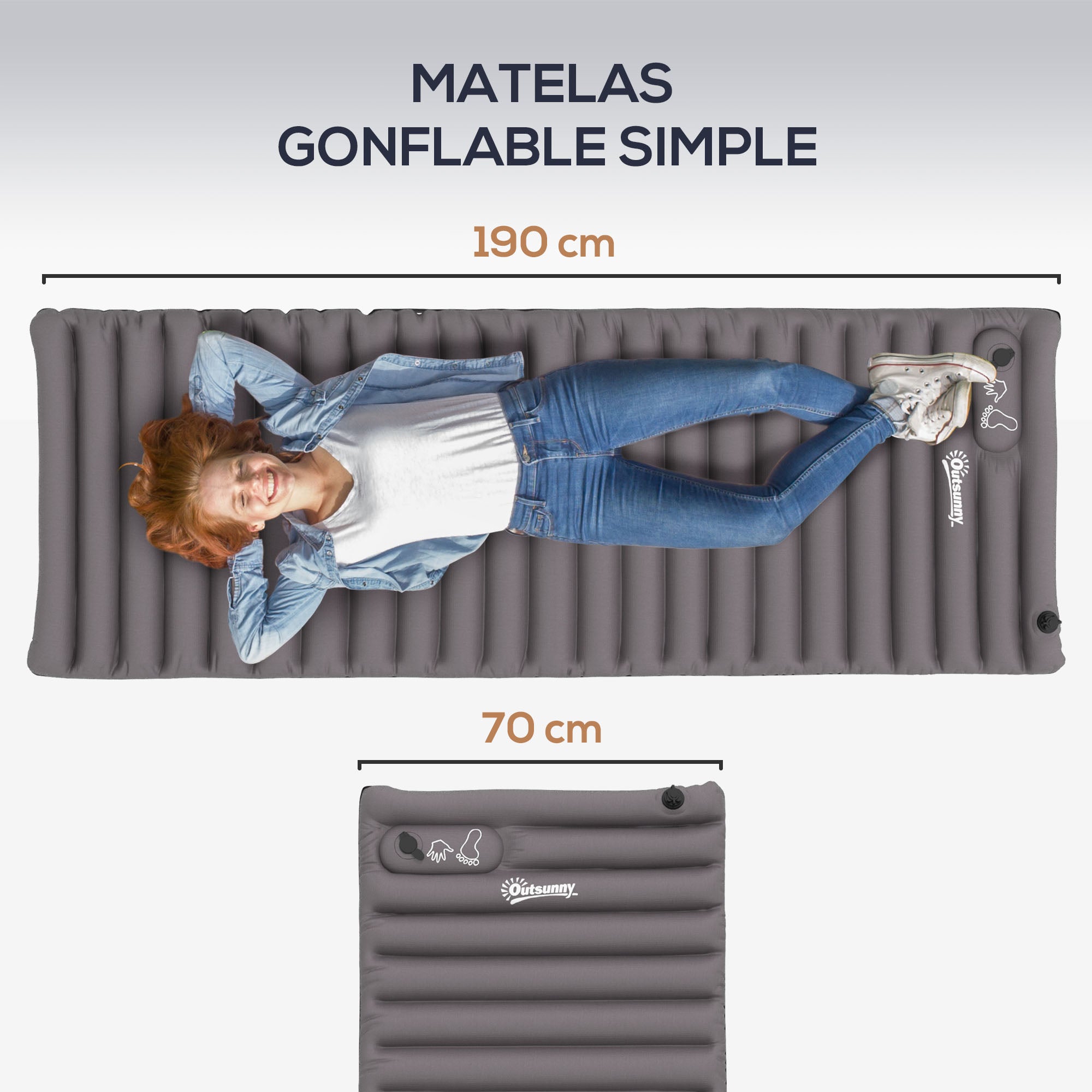 Inflatable Camping Mattress, single air mattress for optimized comfort, 1 person, foldable, with carrying bag, 195 x 70 x 10 cm, gray