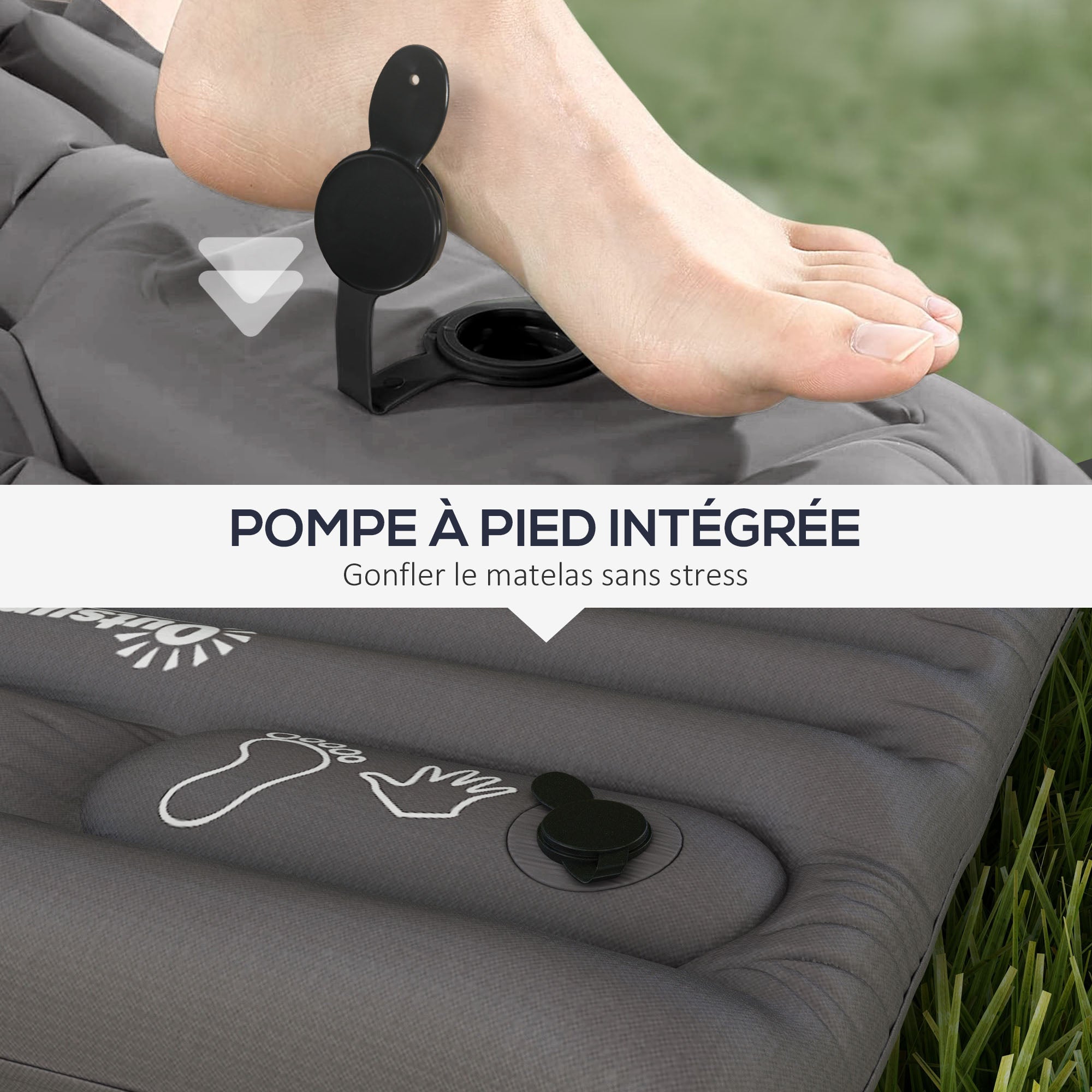 Inflatable Camping Mattress, single air mattress for optimized comfort, 1 person, foldable, with carrying bag, 195 x 70 x 10 cm, gray