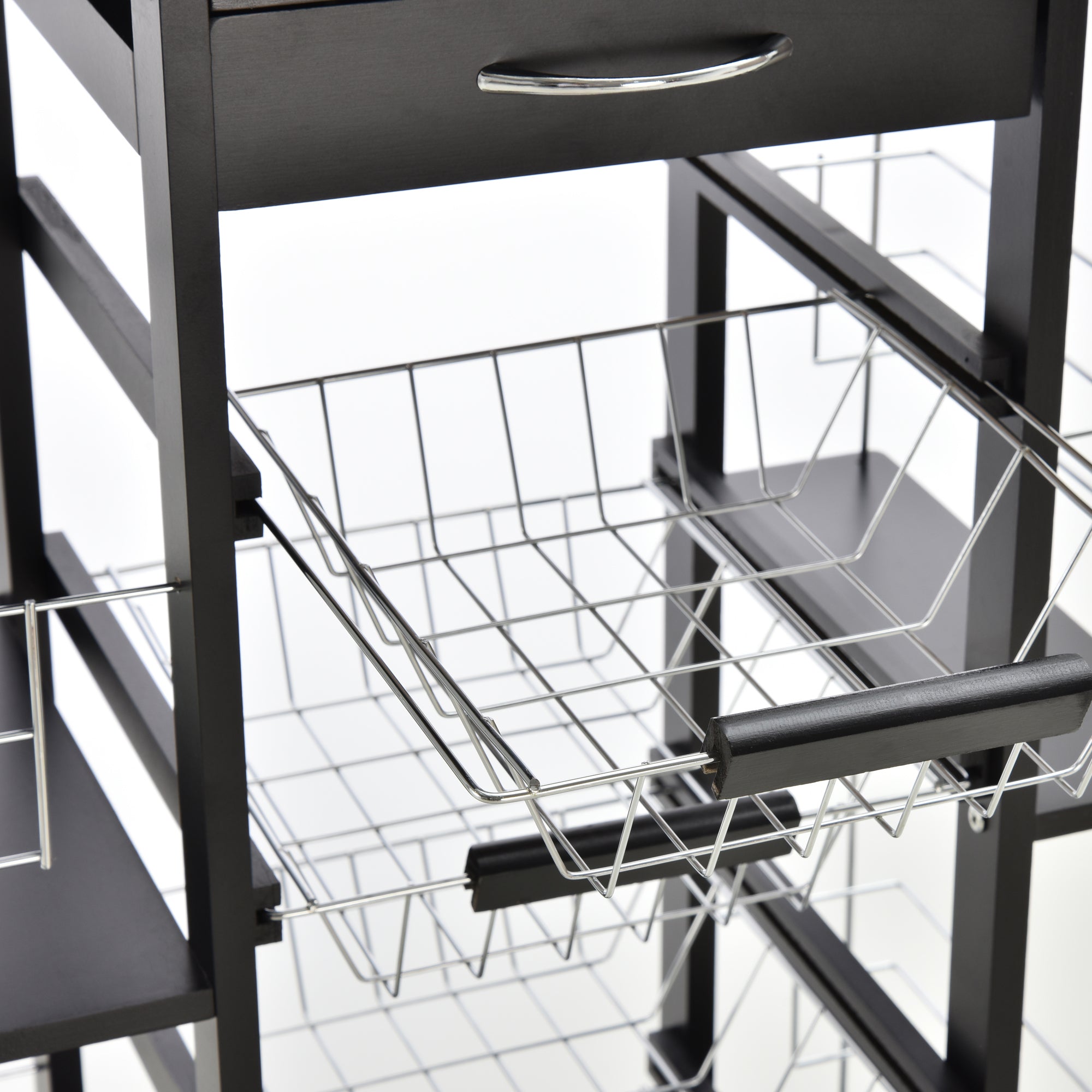 Multi-Storage Kitchen Service Trolley on Wheels with 4 Metal Baskets Drawer + 4 Bottle Racks Black Pine Wood White Tiled Top