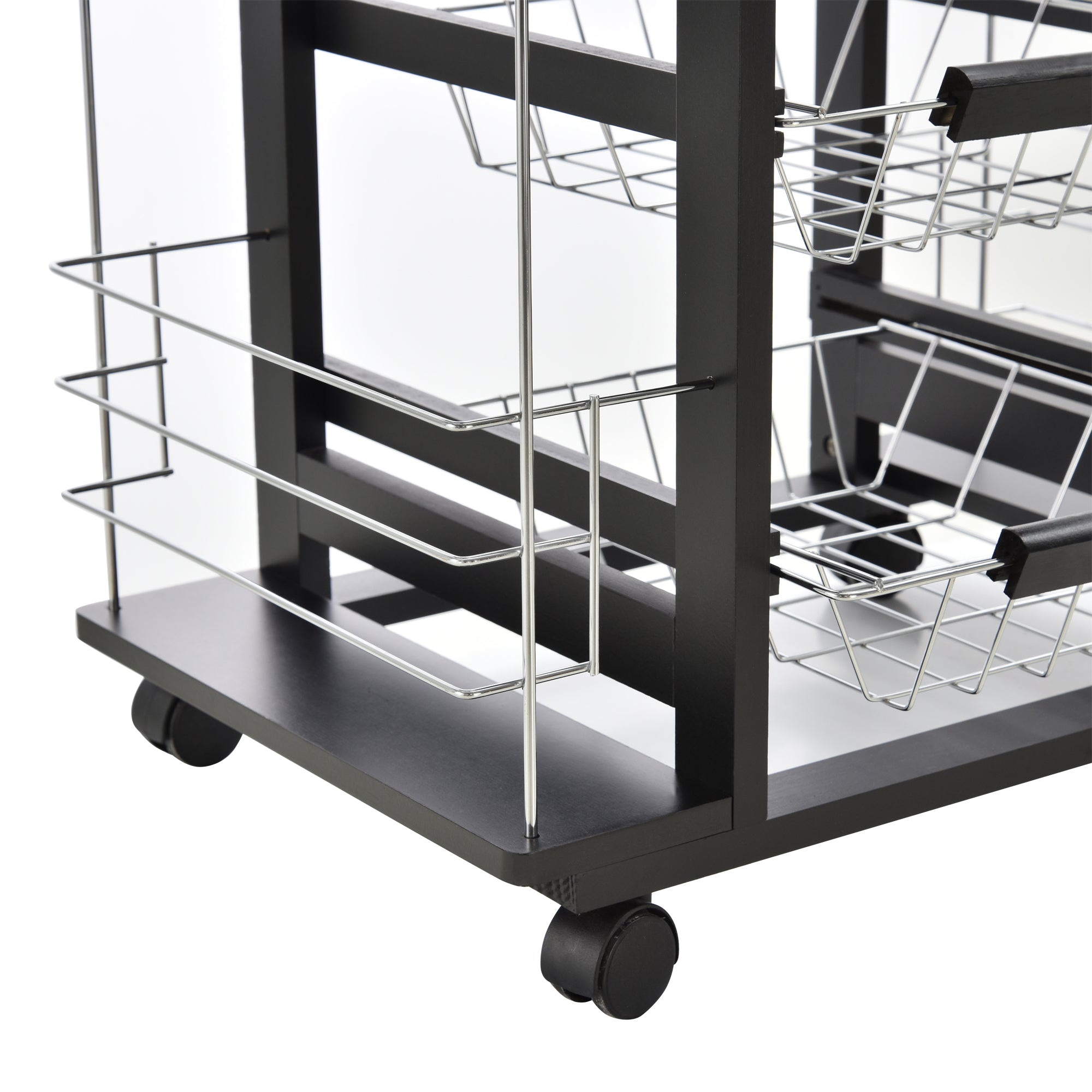 Multi-Storage Kitchen Service Trolley on Wheels with 4 Metal Baskets Drawer + 4 Bottle Racks Black Pine Wood White Tiled Top