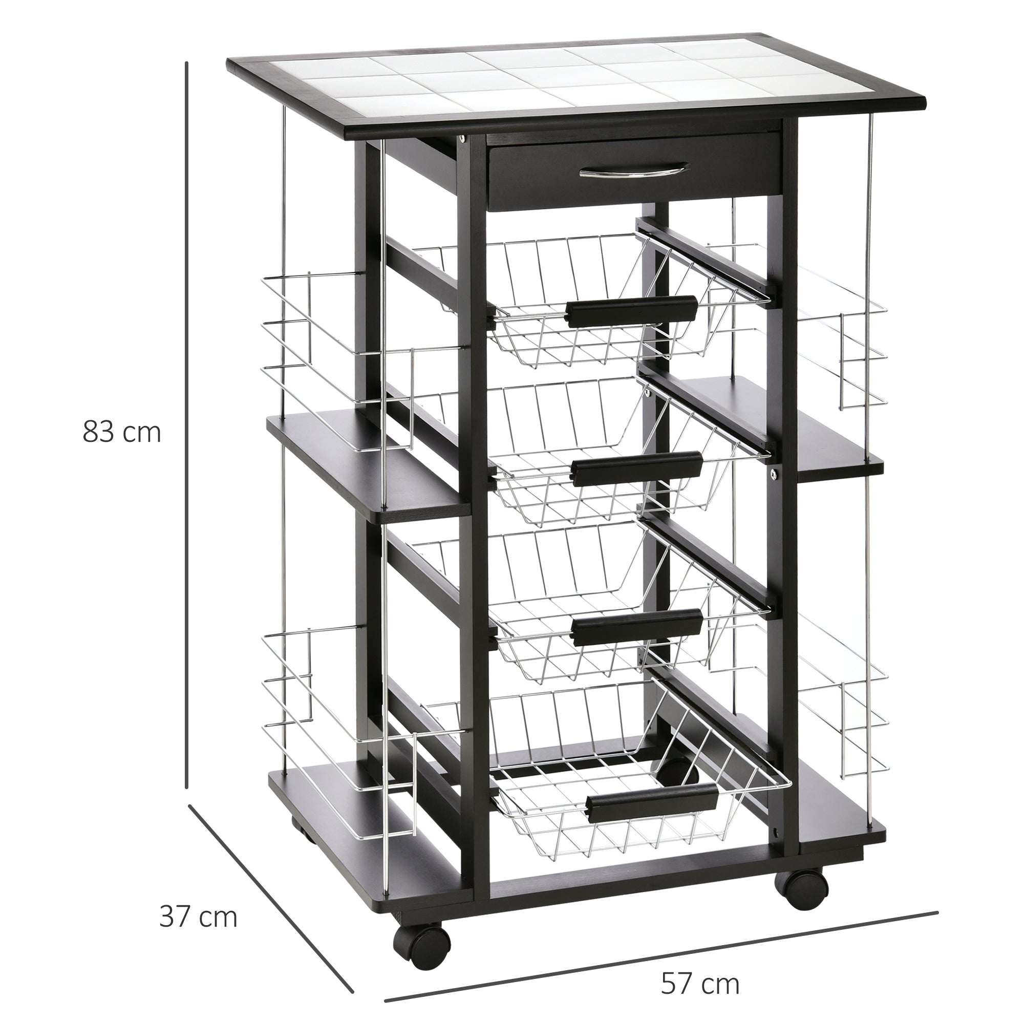 Multi-Storage Kitchen Service Trolley on Wheels with 4 Metal Baskets Drawer + 4 Bottle Racks Black Pine Wood White Tiled Top