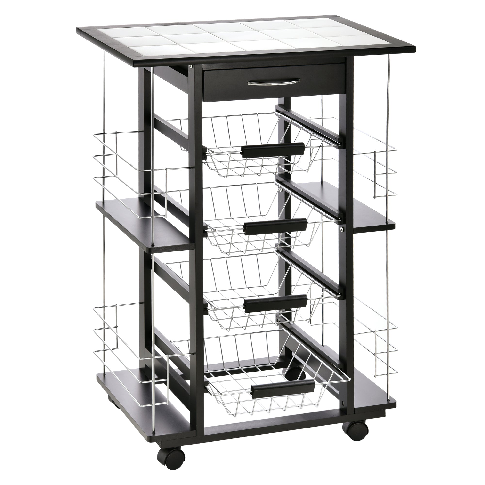 Multi-Storage Kitchen Service Trolley on Wheels with 4 Metal Baskets Drawer + 4 Bottle Racks Black Pine Wood White Tiled Top