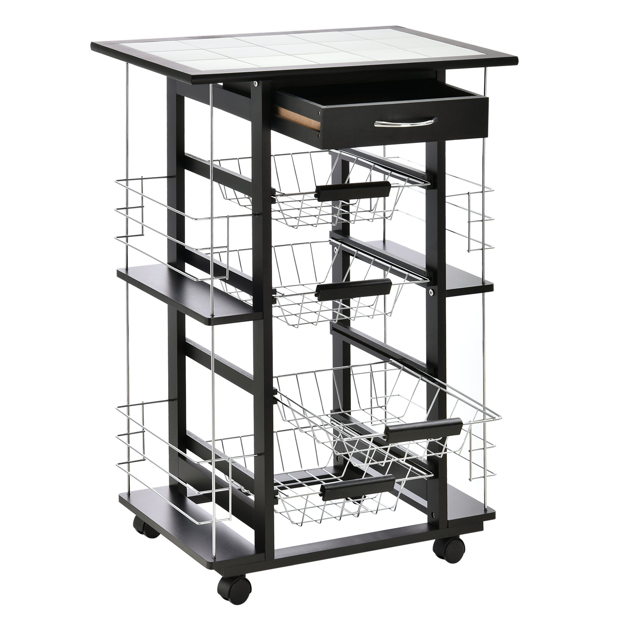 Multi-Storage Kitchen Service Trolley on Wheels with 4 Metal Baskets Drawer + 4 Bottle Racks Black Pine Wood White Tiled Top