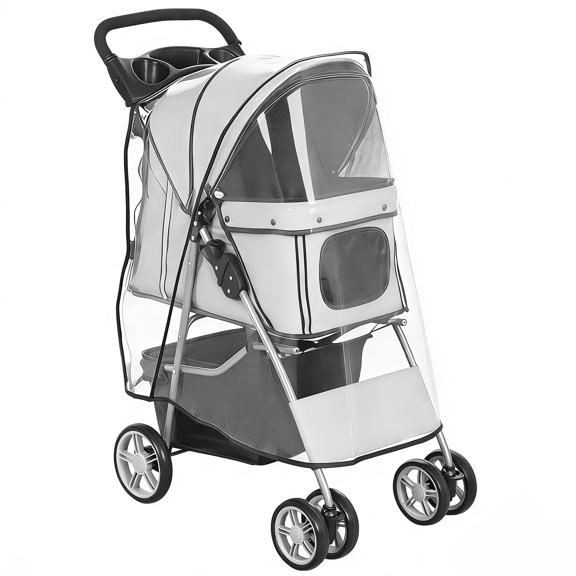 Foldable Pet Stroller Buggy — Waterproof, Rain Cover Included, Cup Holder & Storage Basket, Wheels with Brake, 600D Oxford, Steel Frame — Gray