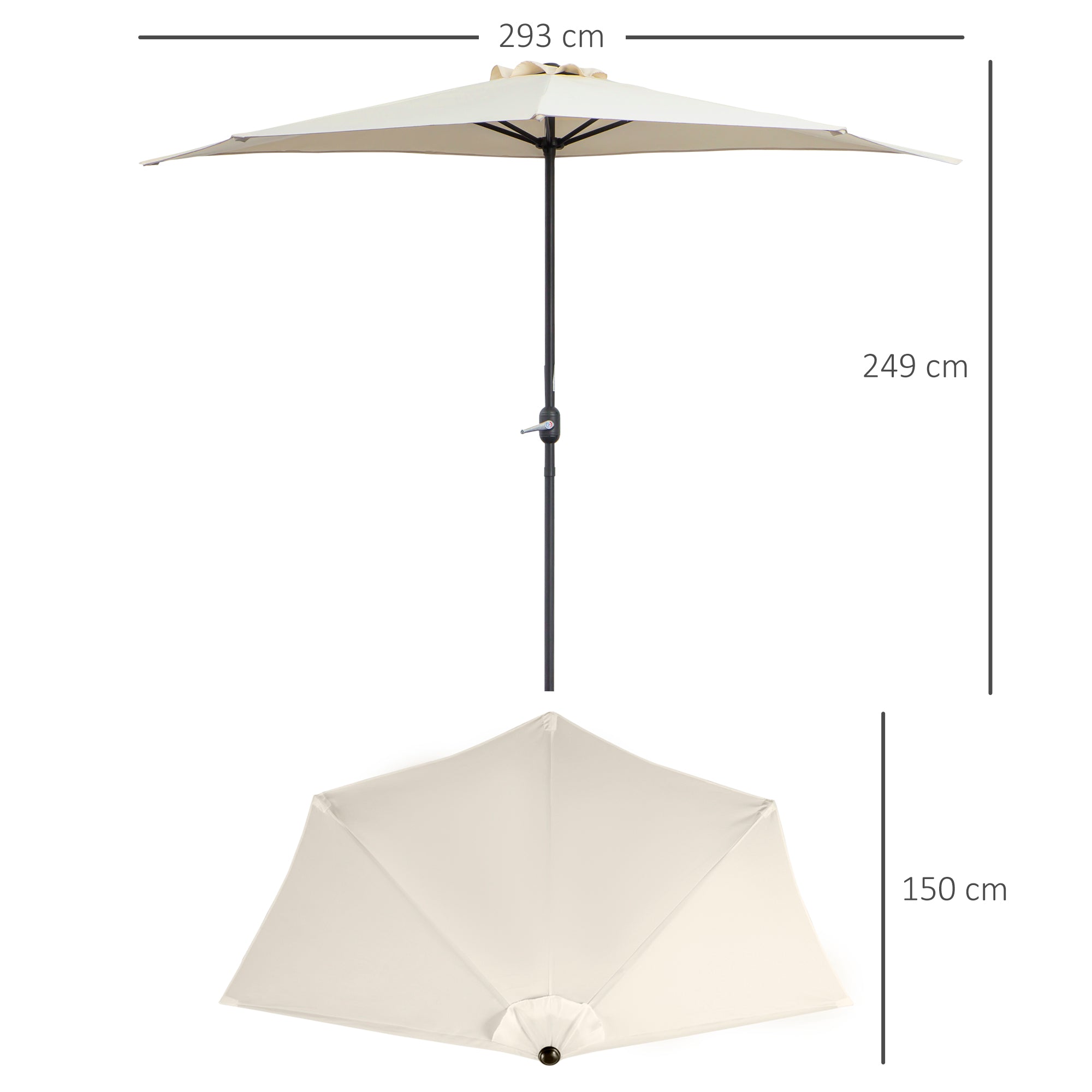 Half Umbrella - Balcony Umbrella 5 Metal Struts 2.93 x 1.5 x 2.49 m High Density Polyester Cream