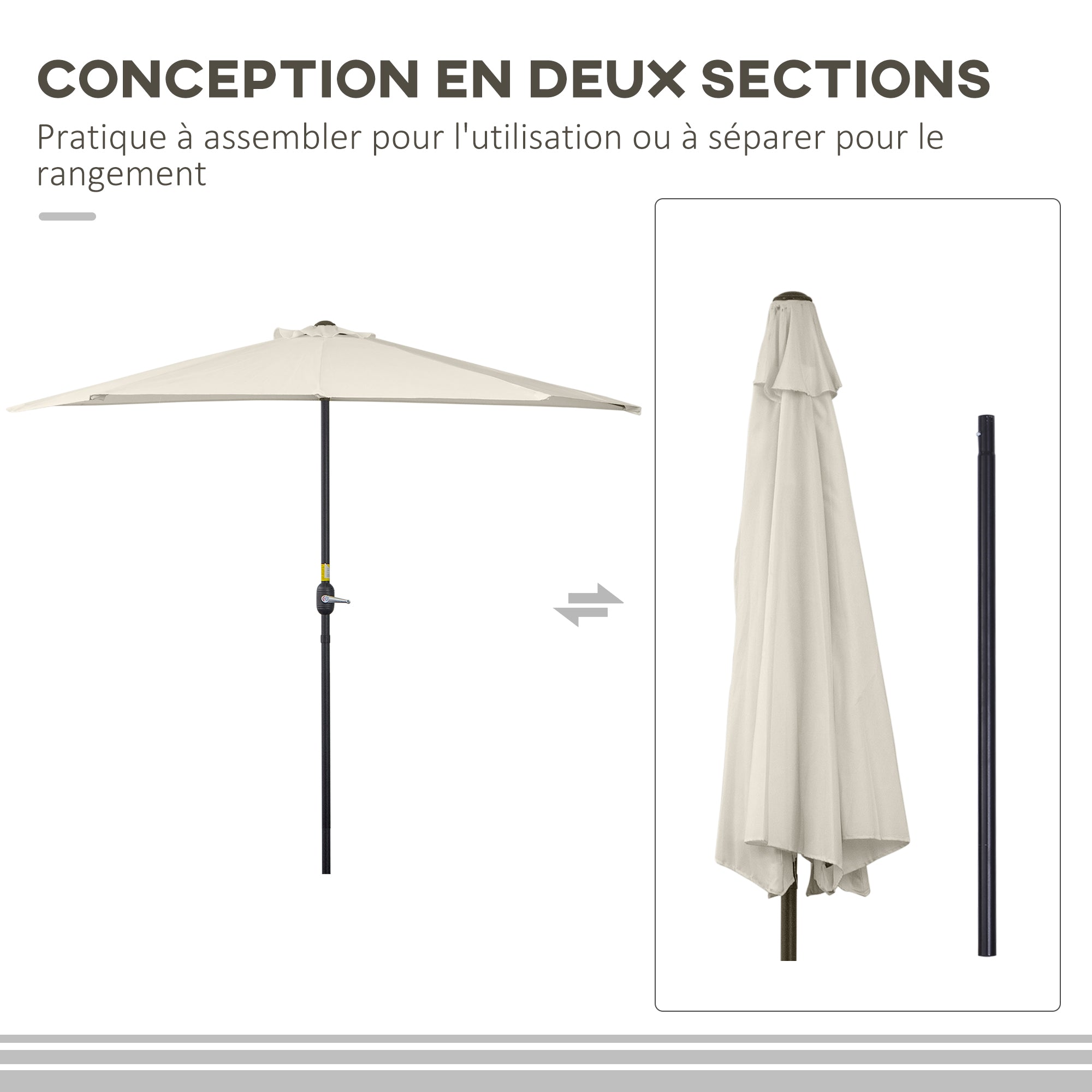 Half Umbrella - Balcony Umbrella 5 Metal Struts 2.93 x 1.5 x 2.49 m High Density Polyester Cream