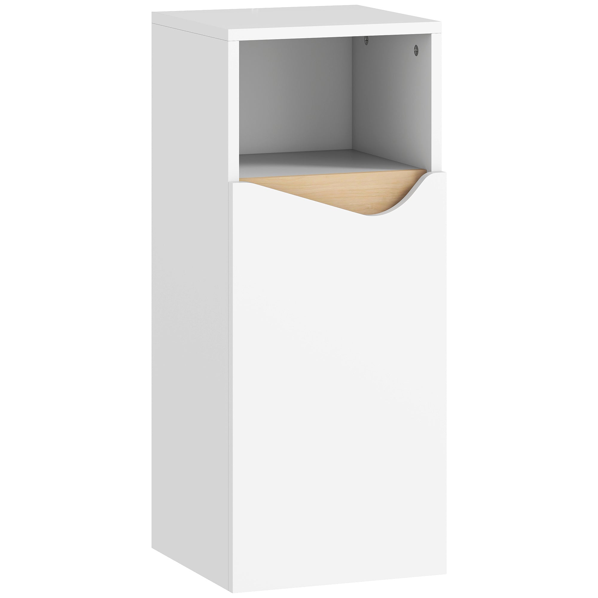 Narrow Bathroom Cabinet with Adjustable Shelves & Open Cubby, Soft‑Close Door — 11.8 x 11.8 x 28.1 in, White/Natural