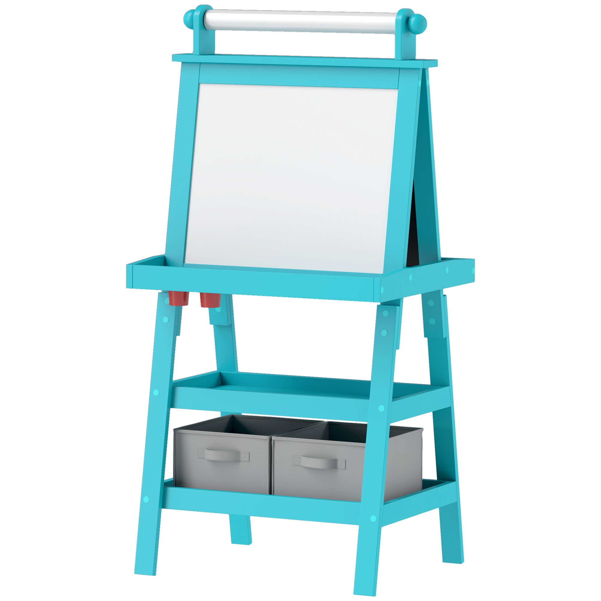 Children's Double-Sided Wipeable Chalkboard with Paper Roll and 2 Storage Containers, Magnetic Whiteboard, Black with Wooden Art Easel for Painting and Gift, 3-6 Years, Blue