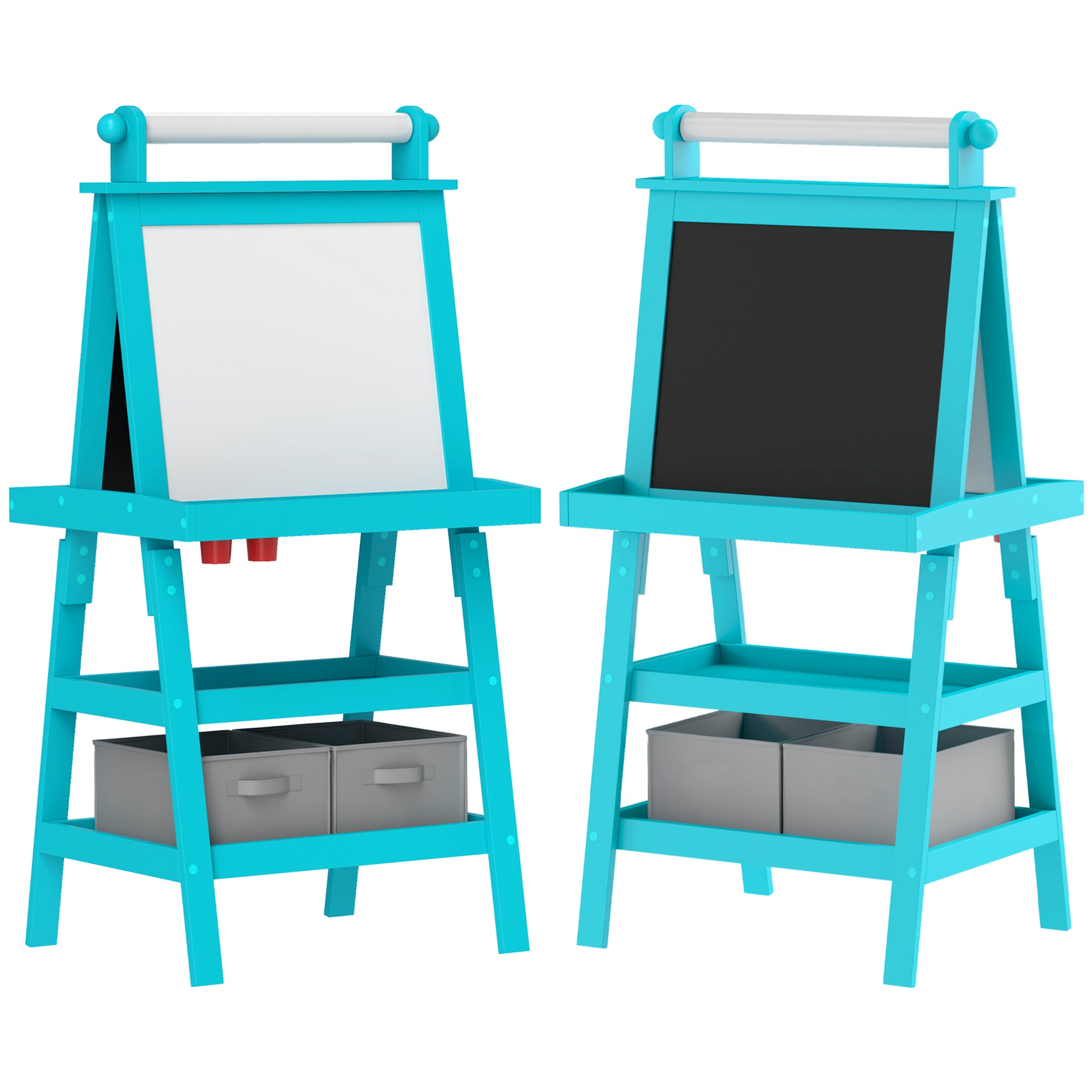 Children's Double-Sided Wipeable Chalkboard with Paper Roll and 2 Storage Containers, Magnetic Whiteboard, Black with Wooden Art Easel for Painting and Gift, 3-6 Years, Blue