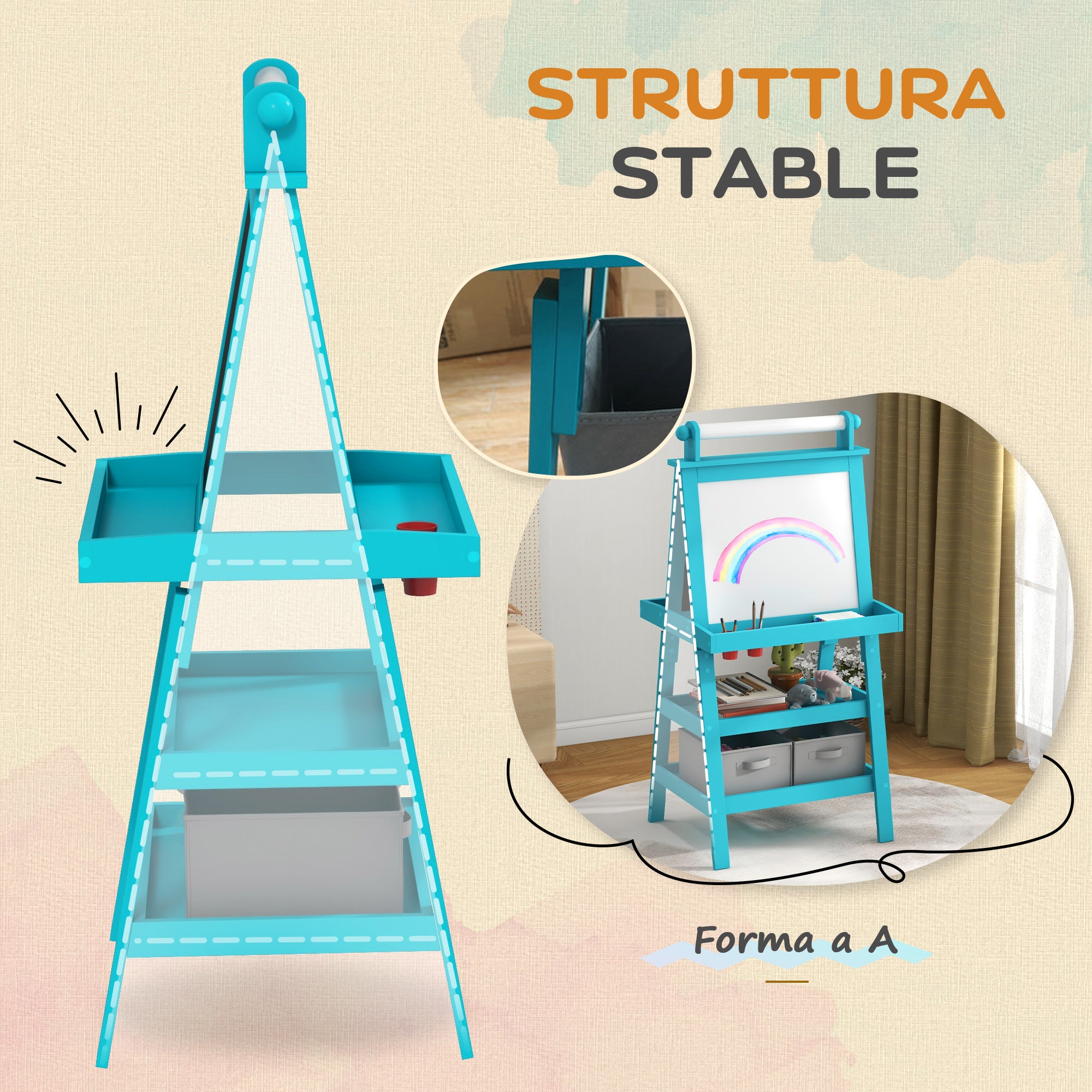 Children's Double-Sided Wipeable Chalkboard with Paper Roll and 2 Storage Containers, Magnetic Whiteboard, Black with Wooden Art Easel for Painting and Gift, 3-6 Years, Blue