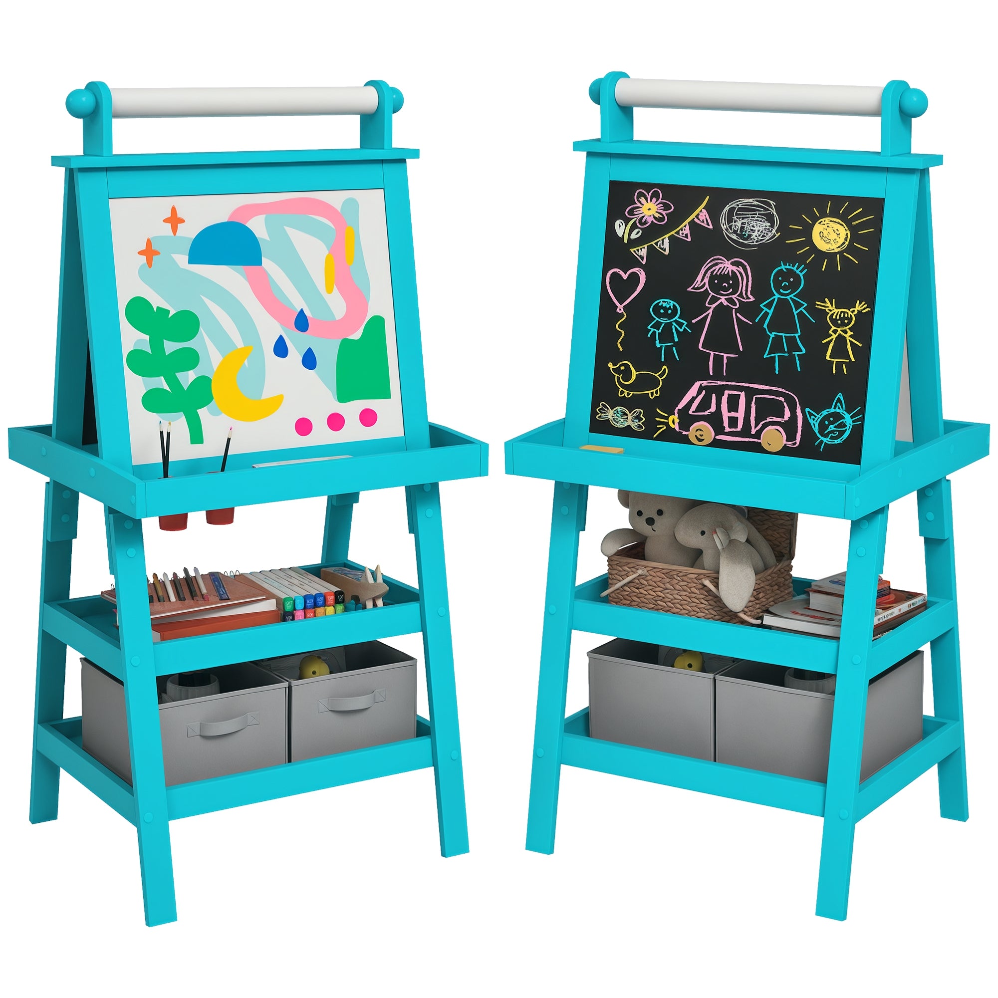 Children's Double-Sided Wipeable Chalkboard with Paper Roll and 2 Storage Containers, Magnetic Whiteboard, Black with Wooden Art Easel for Painting and Gift, 3-6 Years, Blue