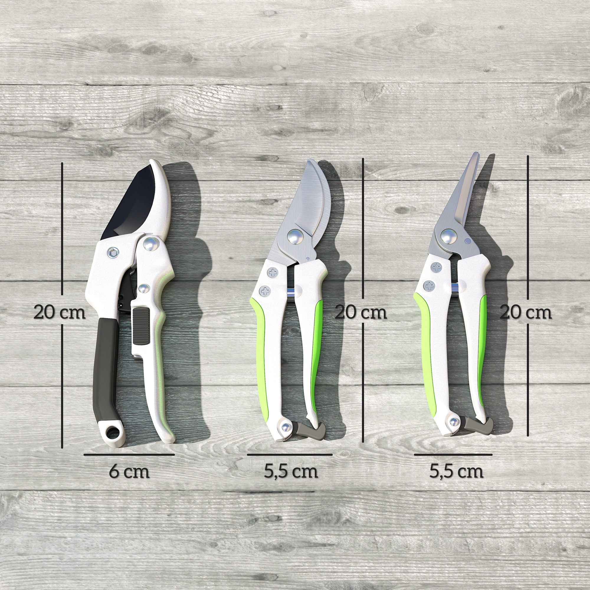 Set of 3 Garden Pruners, Cutting Kit for Gardening, Anvil Pruner, Bypass Pruner, Pruning Shears, with Sharp Metal Blade, Aluminum Handles, Silver, Black