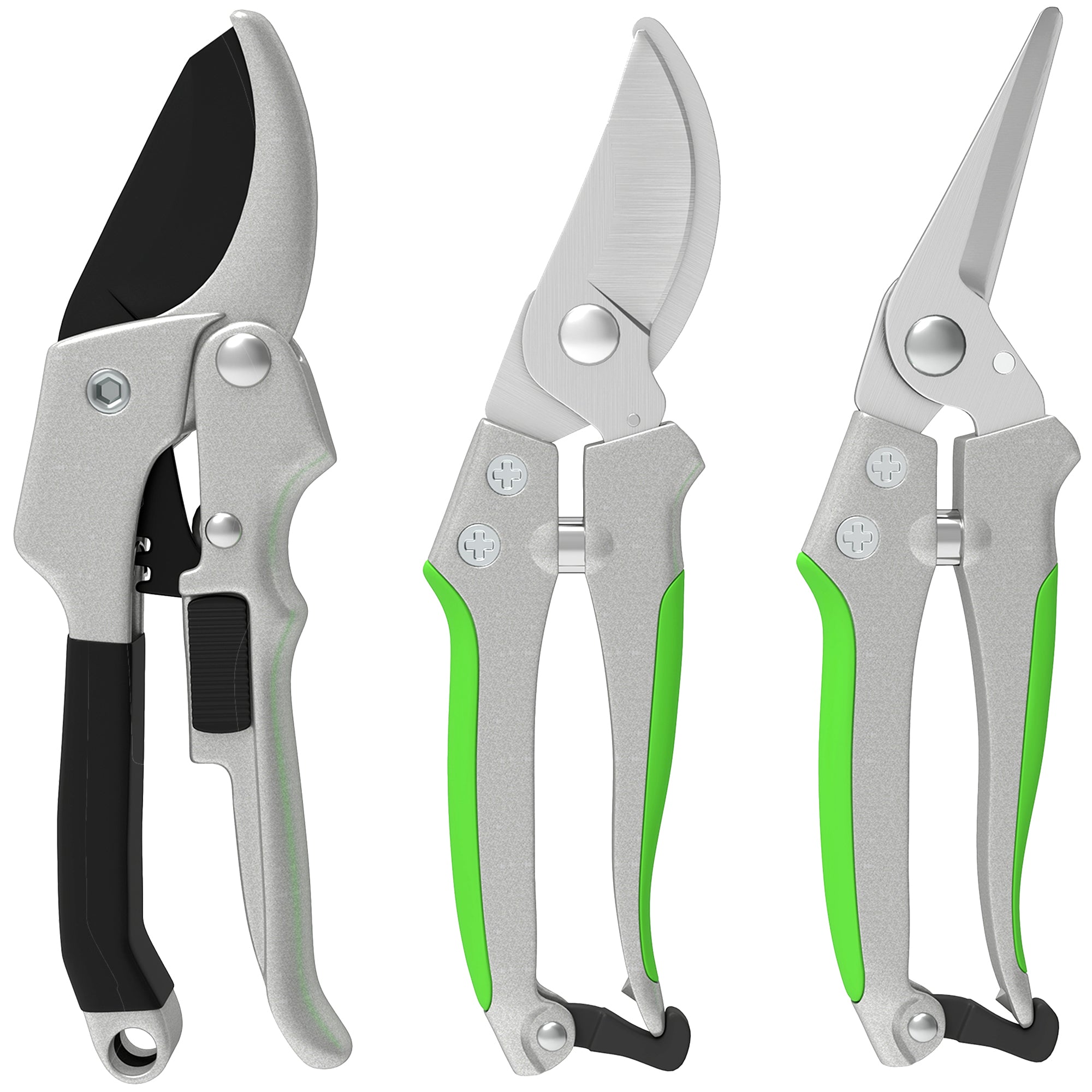 Set of 3 Garden Pruners, Cutting Kit for Gardening, Anvil Pruner, Bypass Pruner, Pruning Shears, with Sharp Metal Blade, Aluminum Handles, Silver, Black