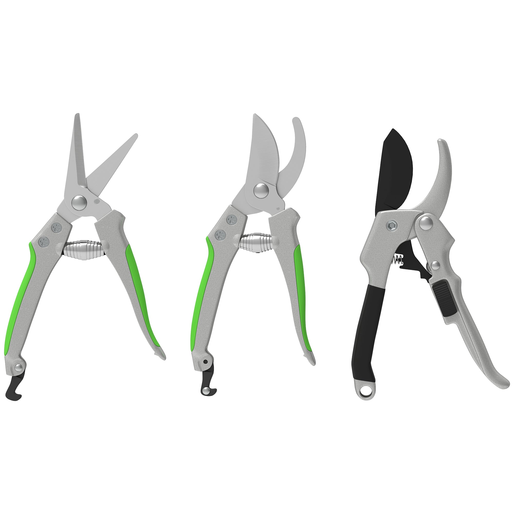Set of 3 Garden Pruners, Cutting Kit for Gardening, Anvil Pruner, Bypass Pruner, Pruning Shears, with Sharp Metal Blade, Aluminum Handles, Silver, Black