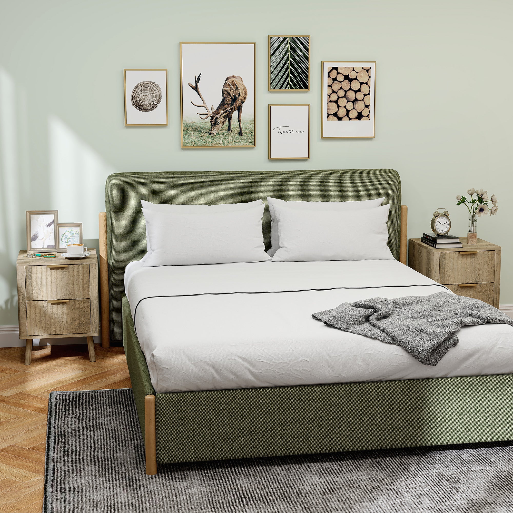 Set of 2 Bedside Tables Nightstand with 2 Fluted Drawers and Rounded Edges, for Bedroom, Living Room, 40 x 40 x 53 cm, Oak